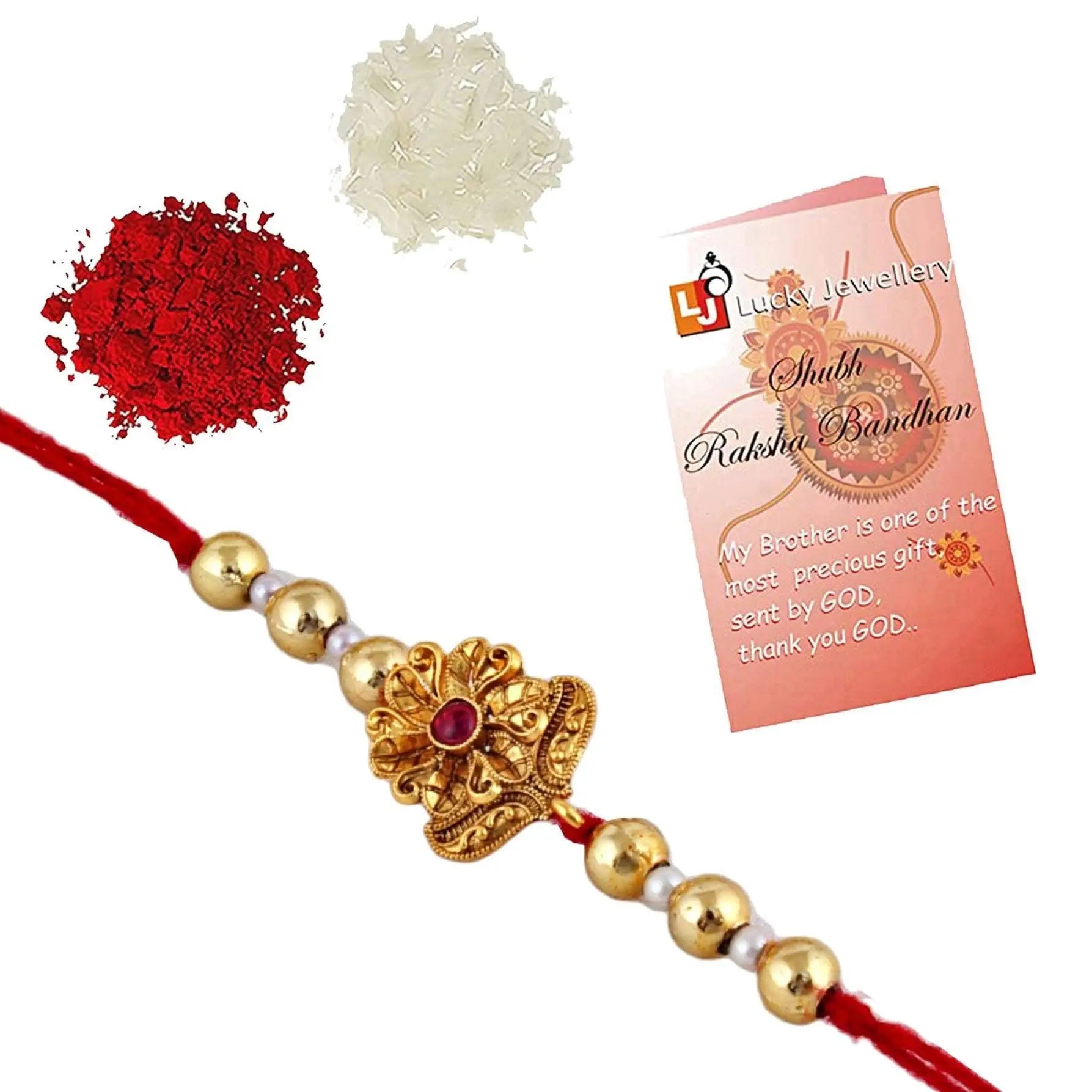 Designer Gold-Plated ferozi color meena thread rakhi | LUCKY JEWELLERY - halfpeapp