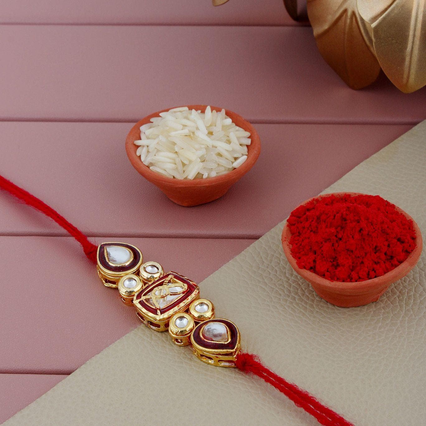 Designer Gold-Plated ferozi color meena thread rakhi | LUCKY JEWELLERY - halfpeapp