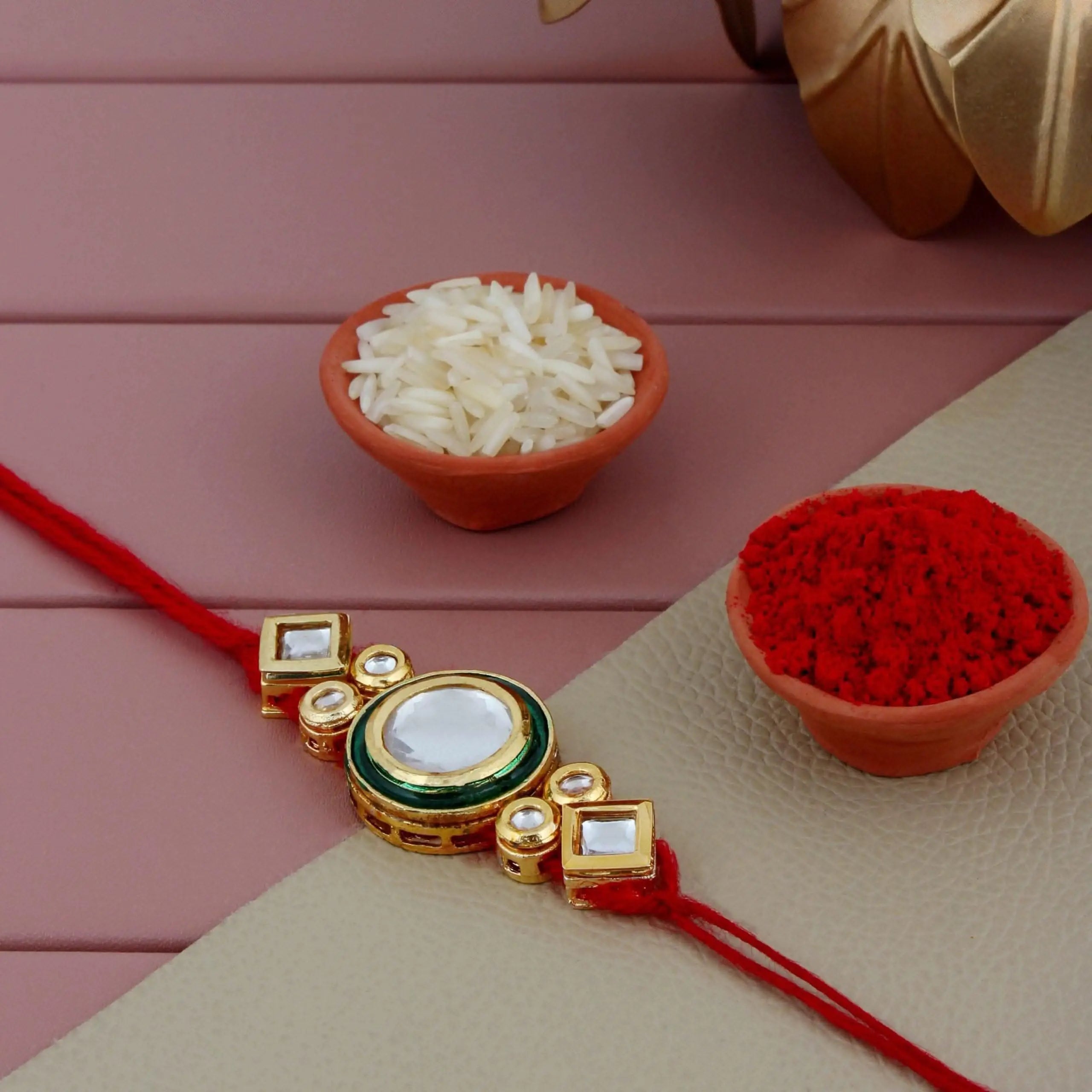 Designer Gold-Plated ferozi color meena thread rakhi | LUCKY JEWELLERY - halfpeapp