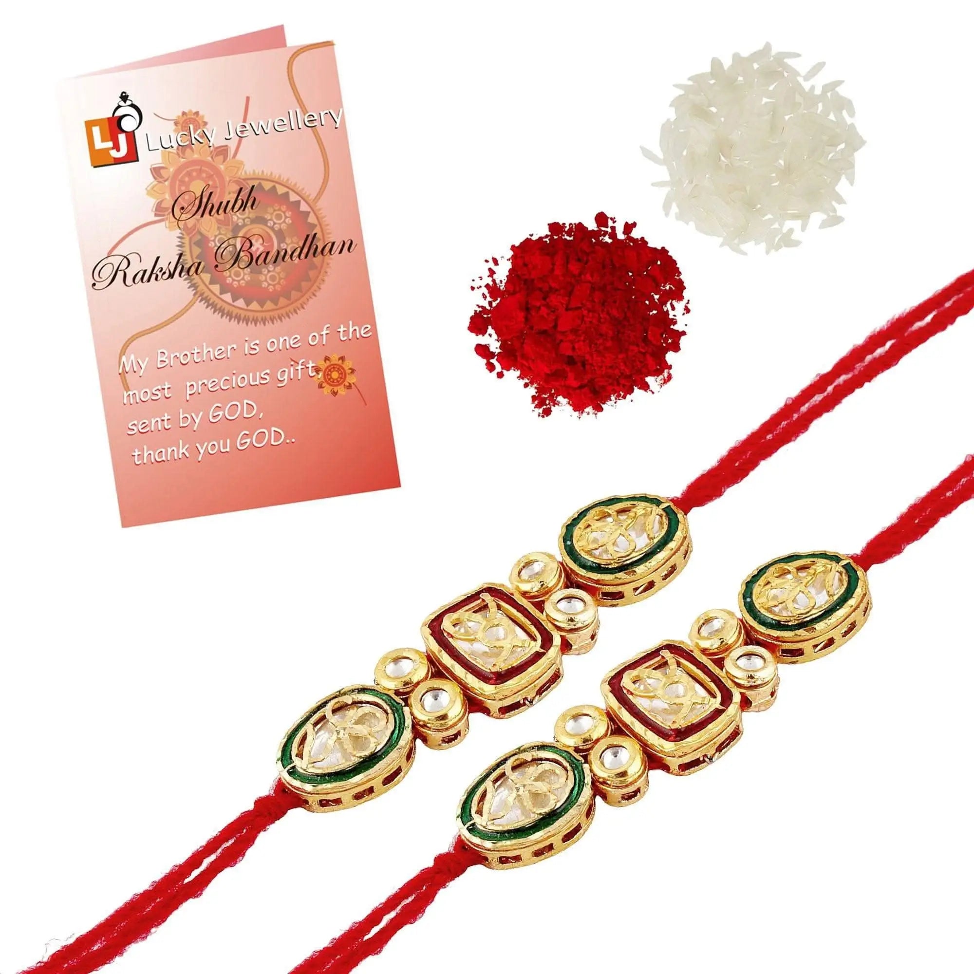 Designer Gold-Plated ferozi color meena thread rakhi (pack of 2) | LUCKY JEWELLERY - halfpeapp