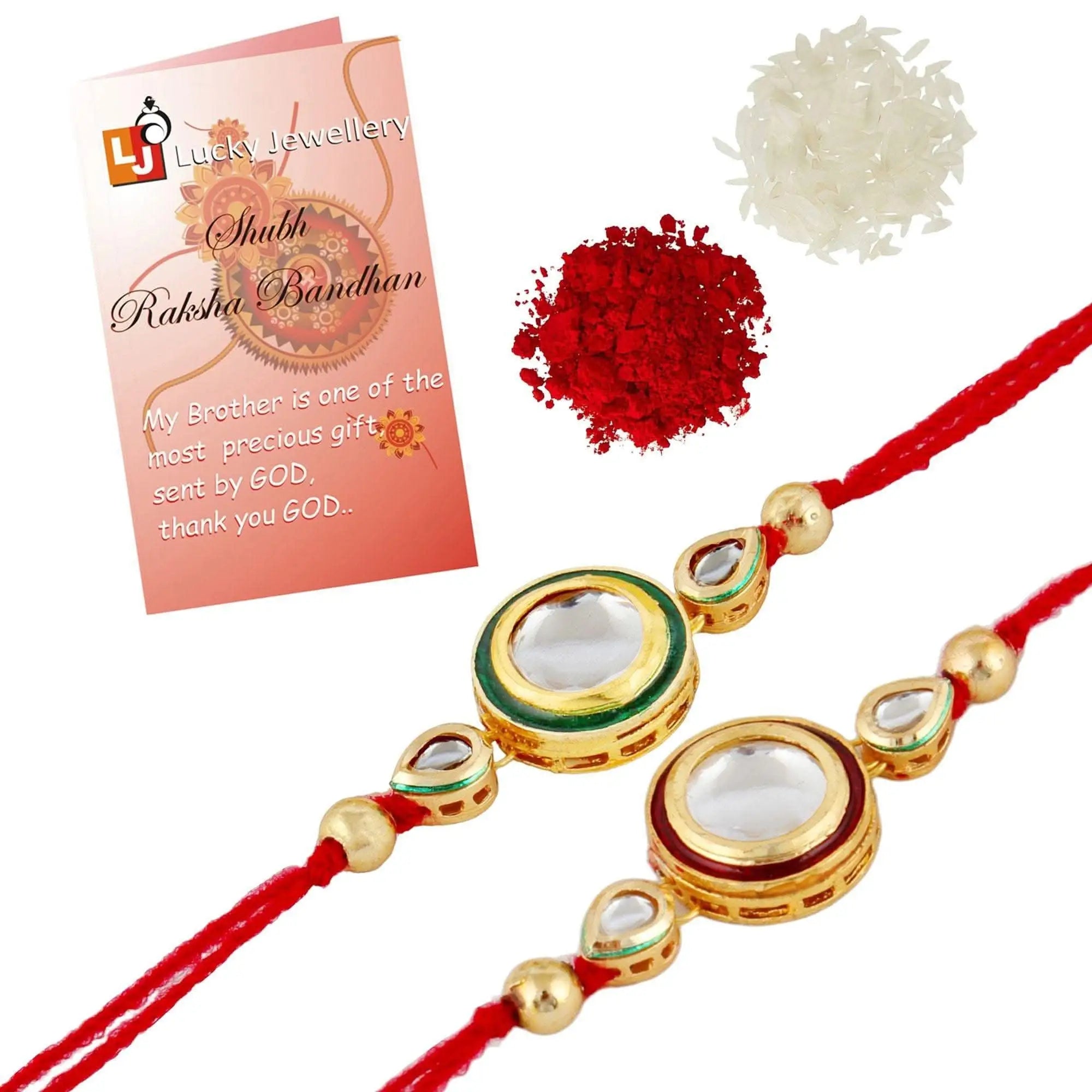 Designer Gold-Plated ferozi color meena thread rakhi (pack of 2) | LUCKY JEWELLERY - halfpeapp