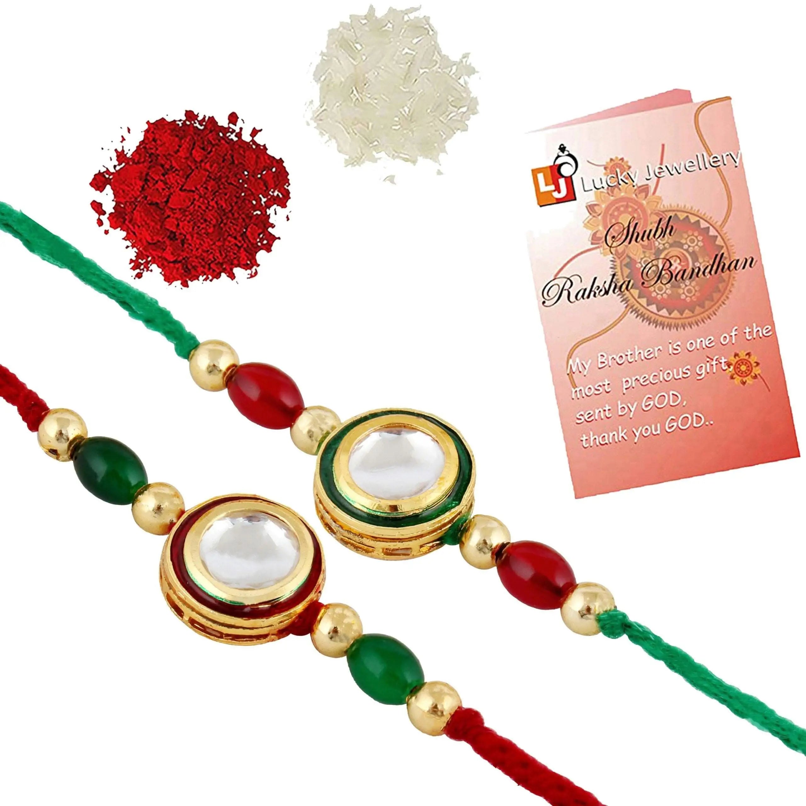 Designer Gold-Plated ferozi color meena thread rakhi (pack of 2) | LUCKY JEWELLERY - halfpeapp