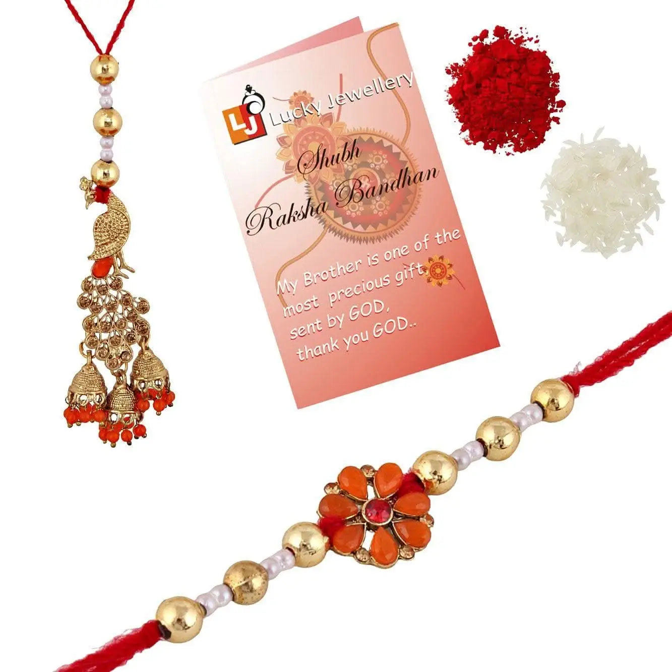 Designer Gold-Plated ferozi color meena thread rakhi (pack of 2) | LUCKY JEWELLERY - halfpeapp