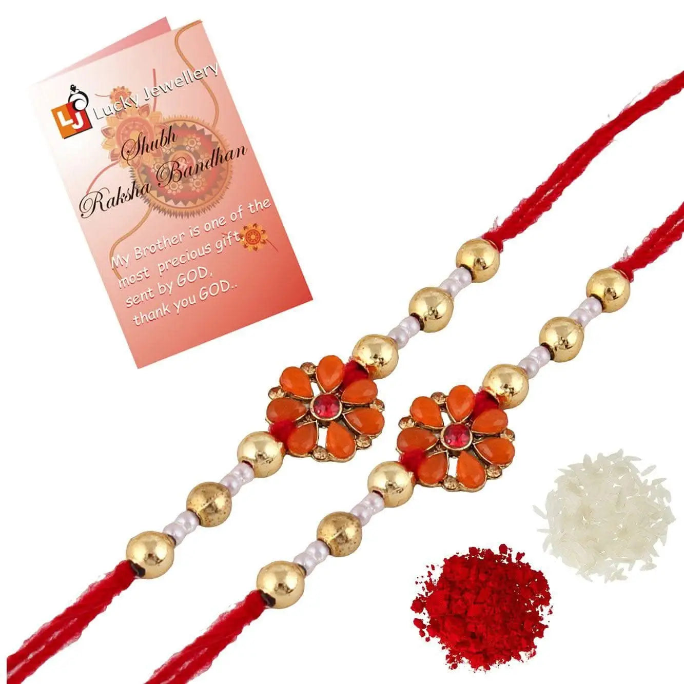 Designer Gold-Plated ferozi color meena thread rakhi (pack of 2) | LUCKY JEWELLERY - halfpeapp