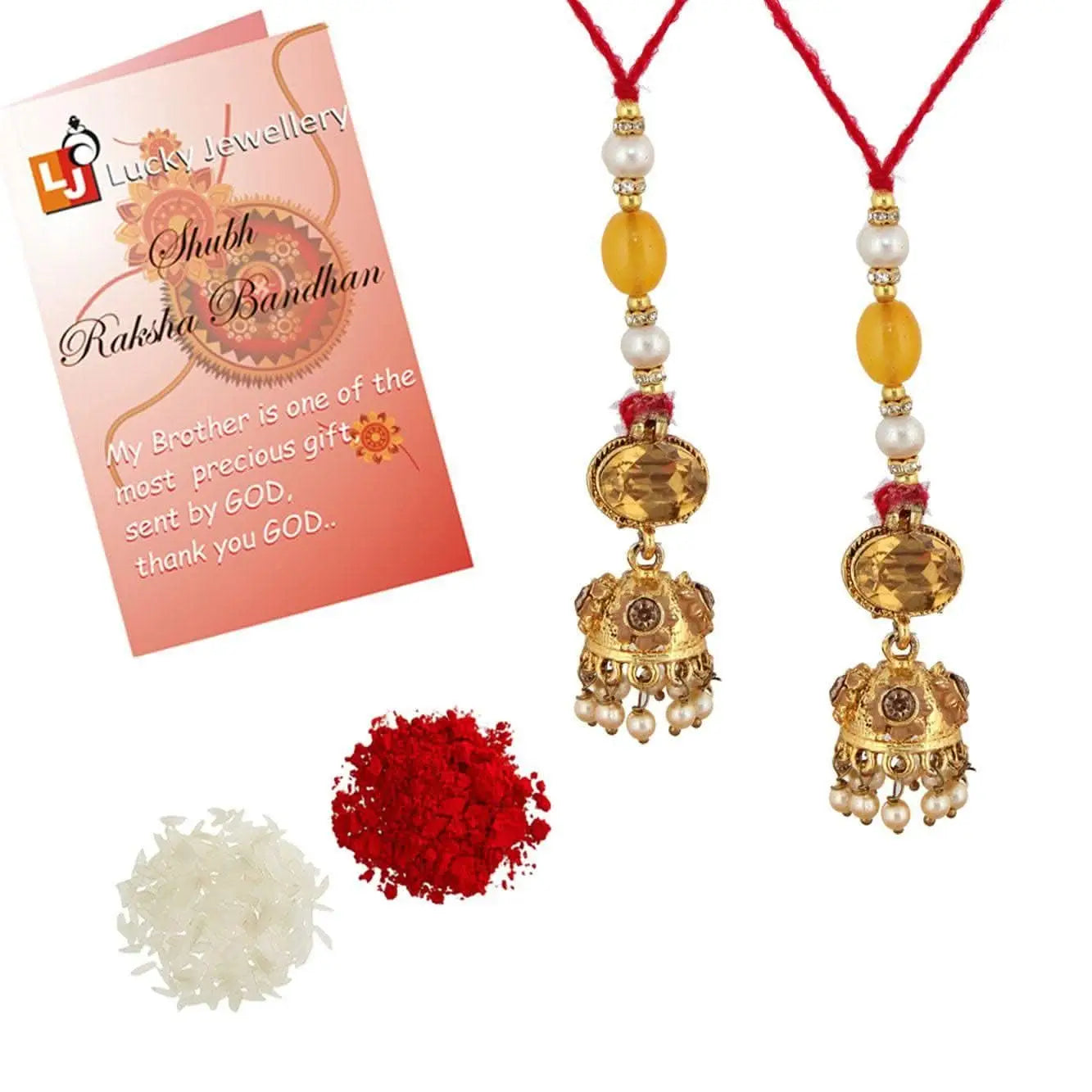 Designer Gold-Plated ferozi color meena thread rakhi (pack of 2)| LUCKY JEWELLERY - halfpeapp