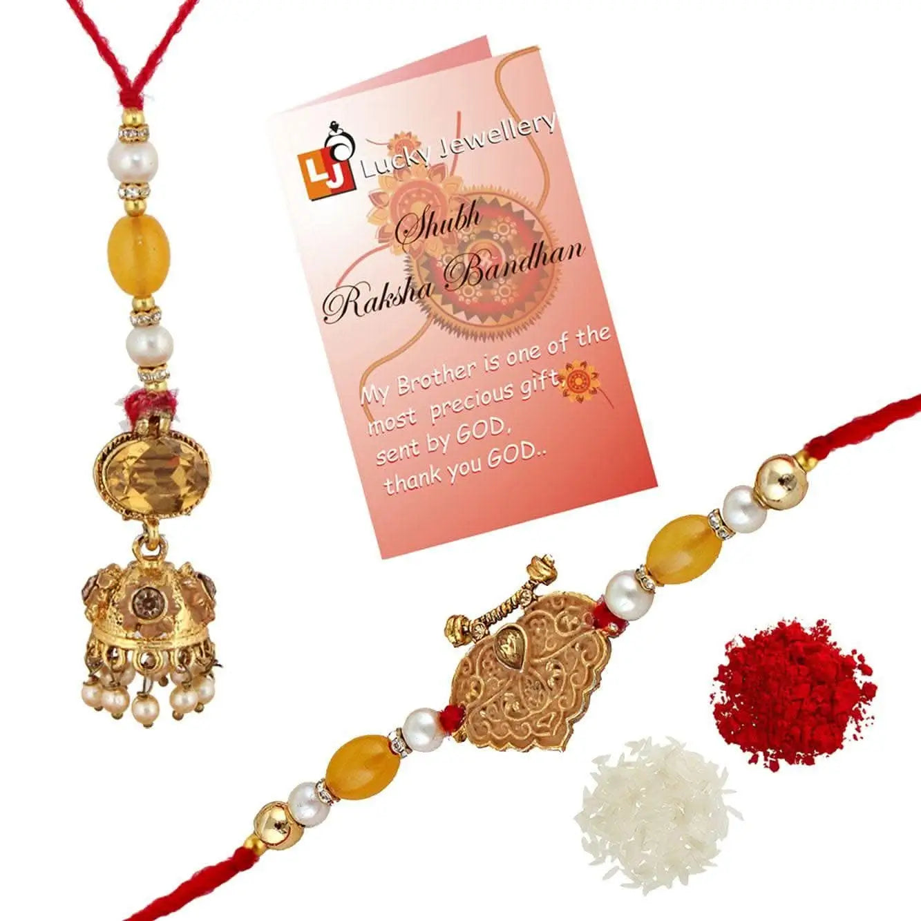 Designer Gold-Plated ferozi color meena thread rakhi (pack of 2) | LUCKY JEWELLERY - halfpeapp