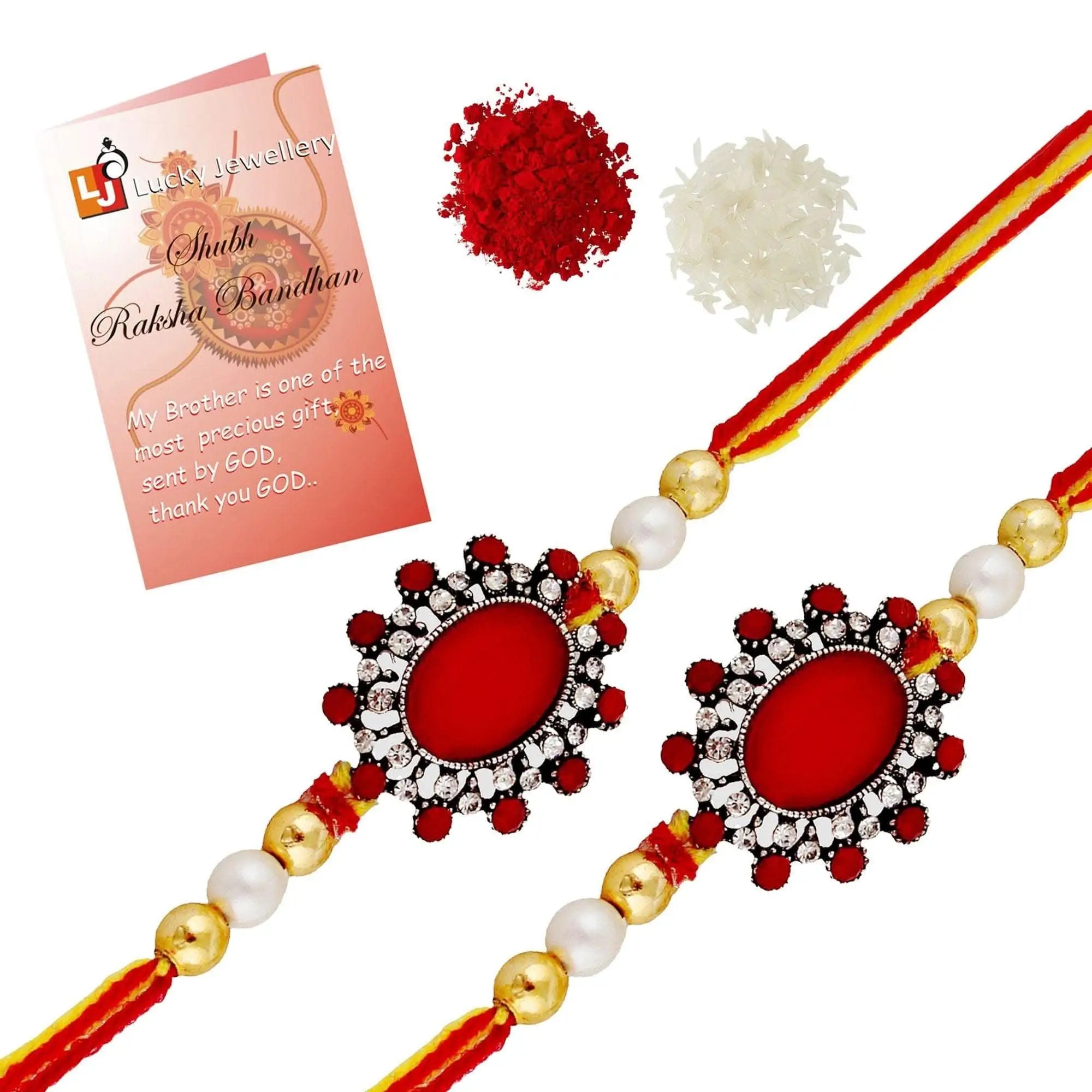 Designer Gold-Plated ferozi color meena thread rakhi (pack of 2) | LUCKY JEWELLERY - halfpeapp