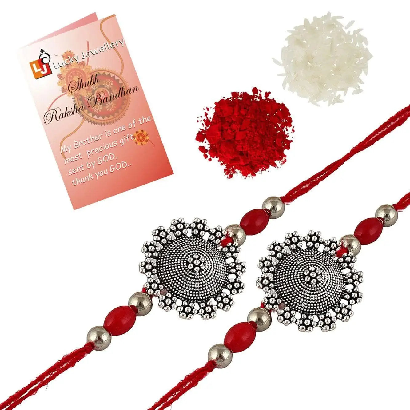 Designer Gold-Plated ferozi color meena thread rakhi (pack of 2) | LUCKY JEWELLERY - halfpeapp