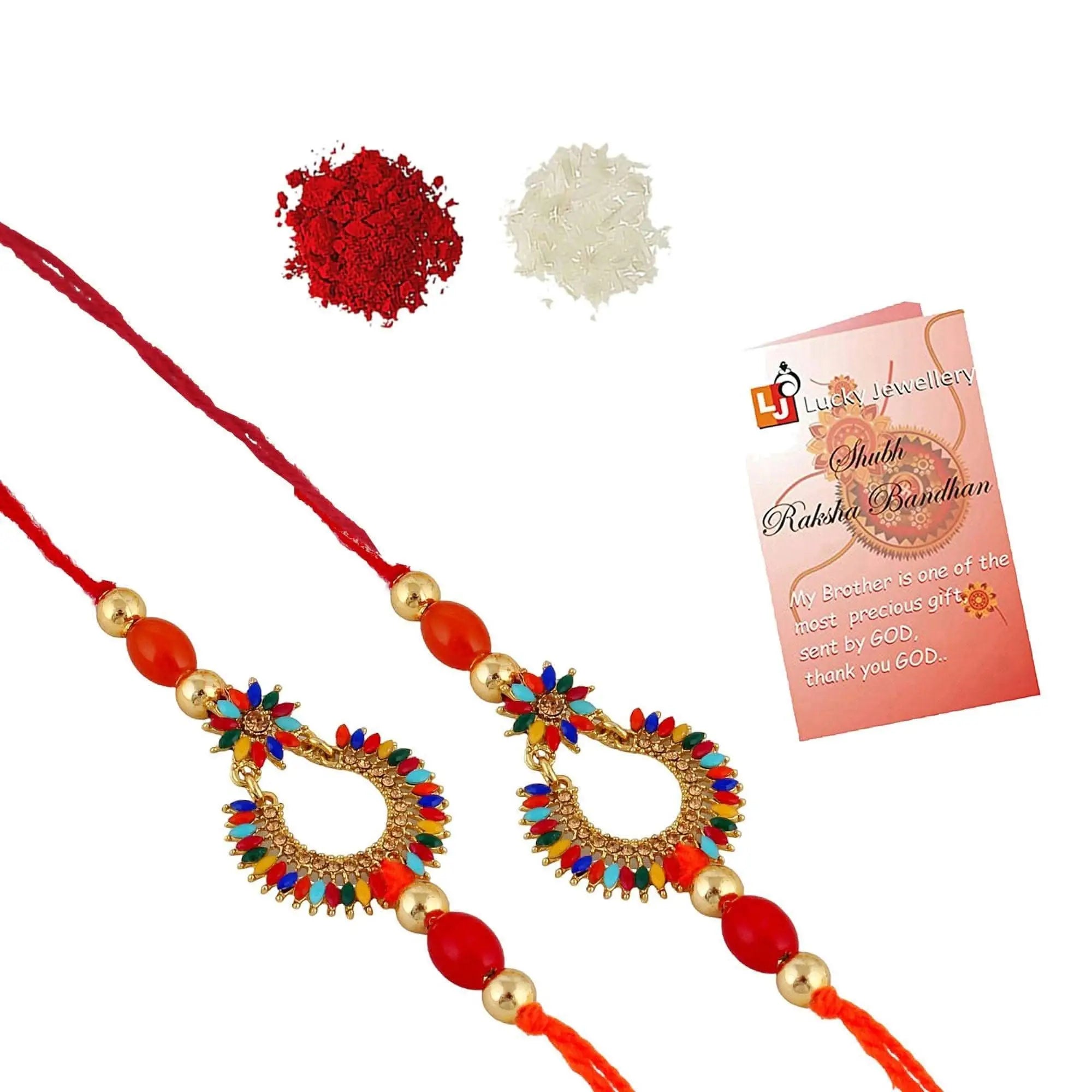 Designer Gold-Plated ferozi color meena thread rakhi (pack of 2) | LUCKY JEWELLERY - halfpeapp