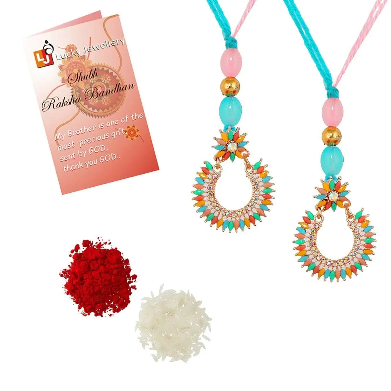 Designer Gold-Plated ferozi color meena thread rakhi (pack of 2) | LUCKY JEWELLERY - halfpeapp