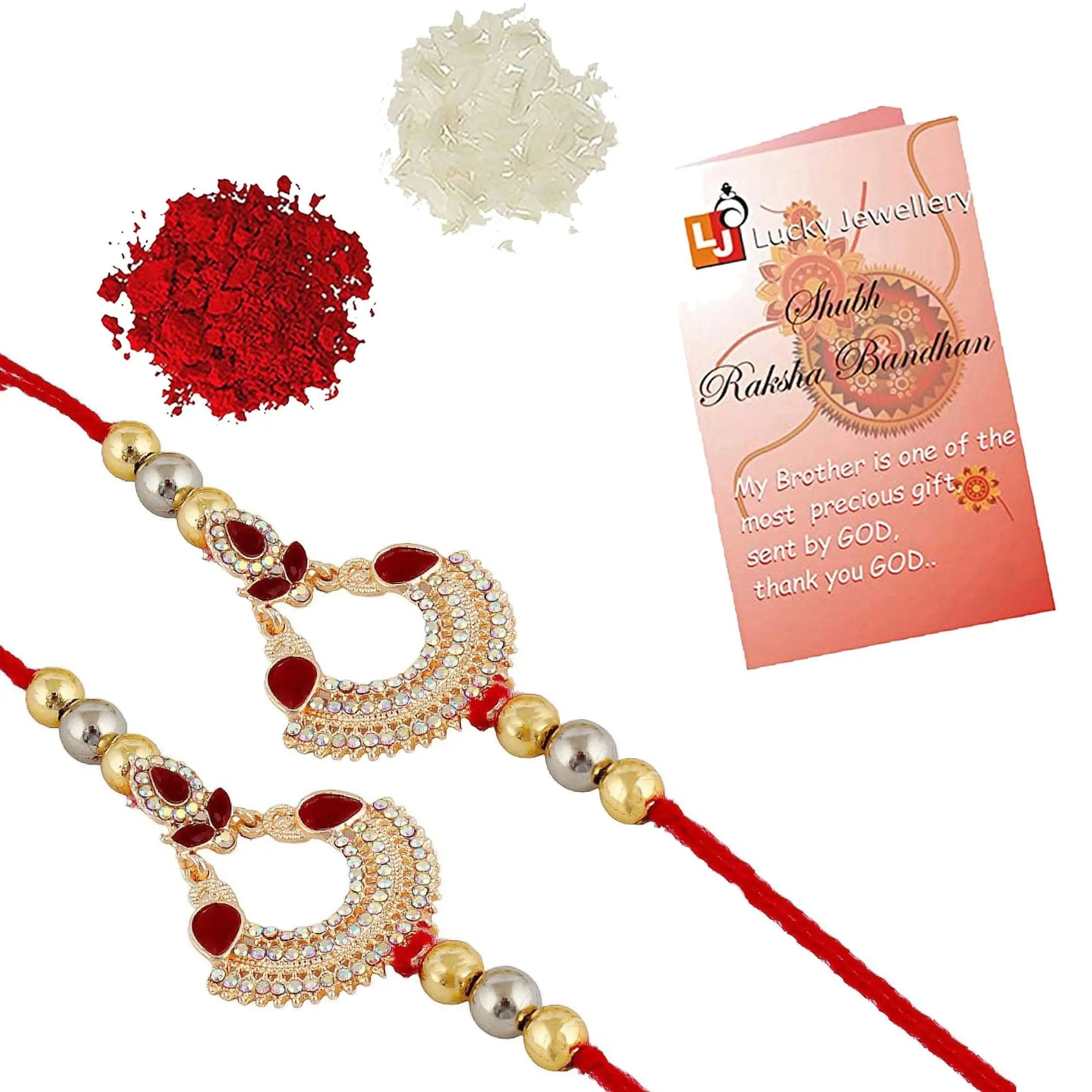Designer Gold-Plated ferozi color meena thread rakhi (pack of 2) | LUCKY JEWELLERY - halfpeapp