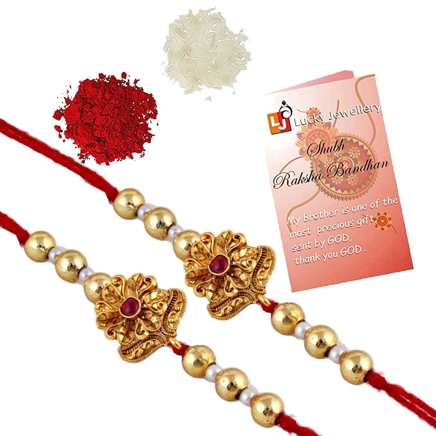 Designer Gold-Plated ferozi color meena thread rakhi (pack of 2) | LUCKY JEWELLERY - halfpeapp