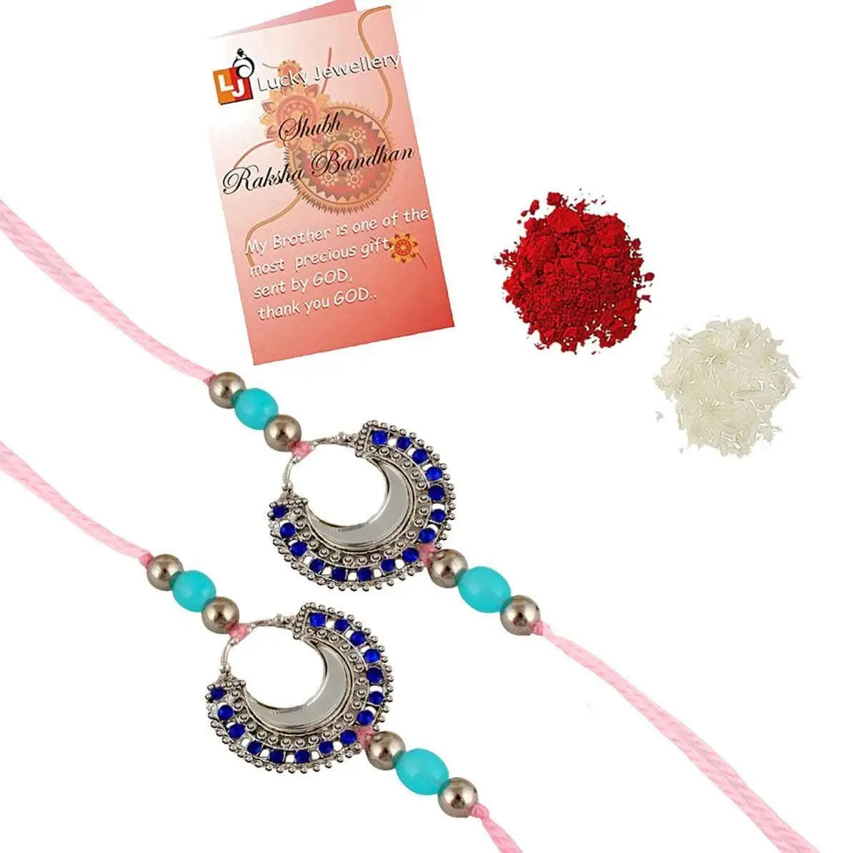Designer Gold-Plated ferozi color meena thread rakhi (pack of 2) | LUCKY JEWELLERY - halfpeapp