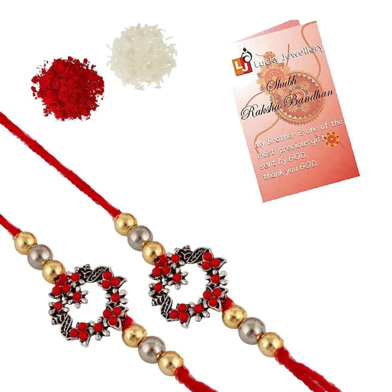 Designer Gold-Plated ferozi color meena thread rakhi (pack of 2) | LUCKY JEWELLERY - halfpeapp