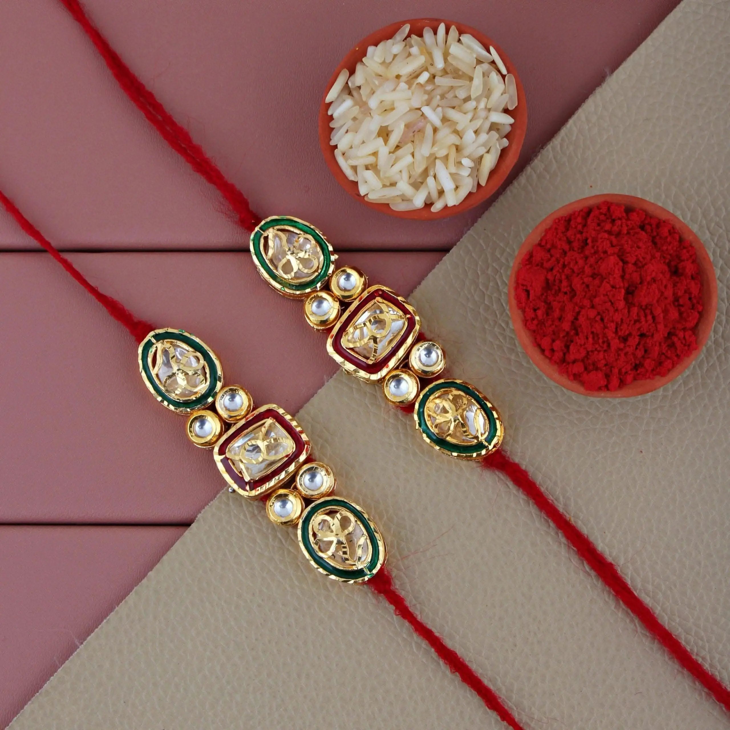 Designer Gold-Plated ferozi color meena thread rakhi (pack of 2) | LUCKY JEWELLERY - halfpeapp