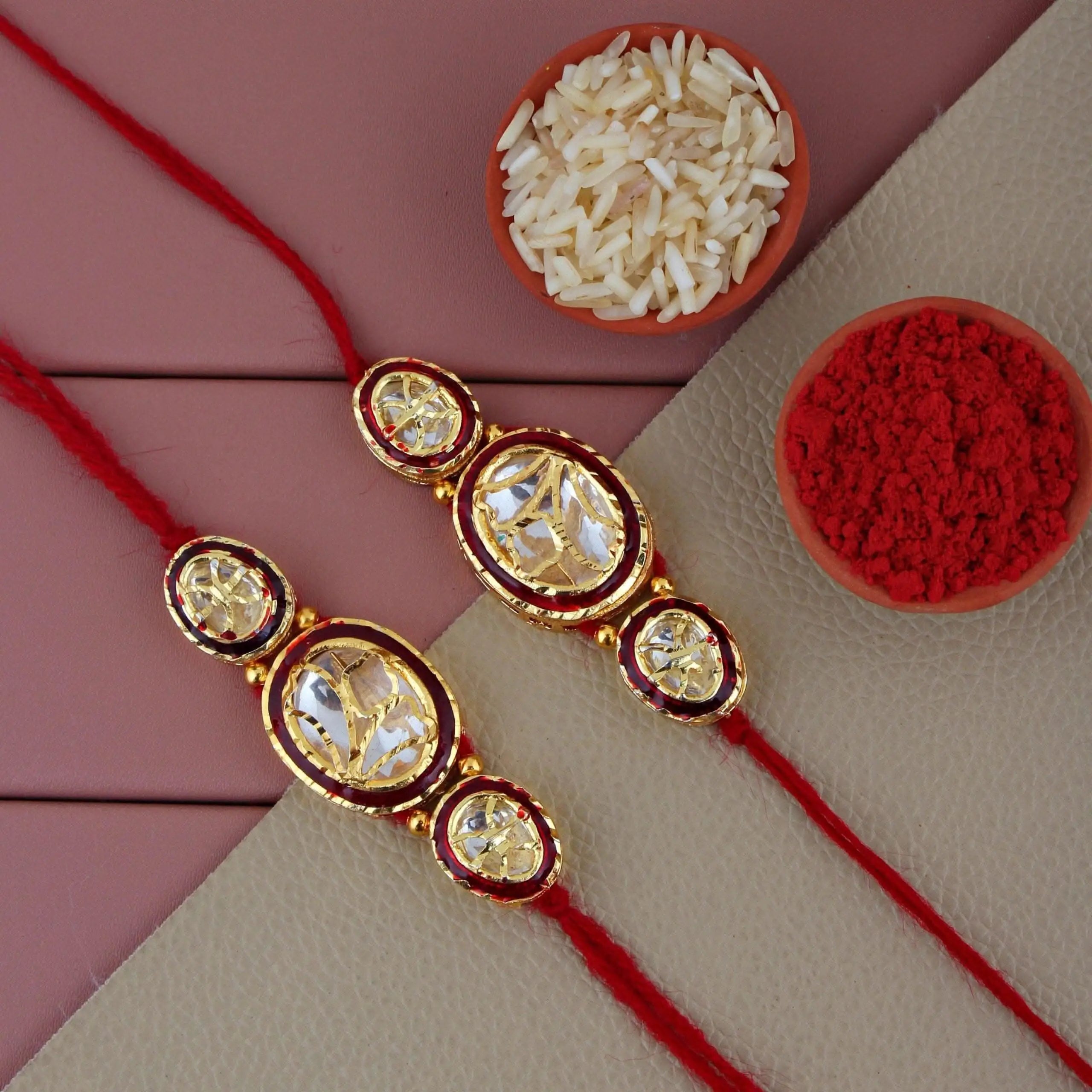 Designer Gold-Plated ferozi color meena thread rakhi (pack of 2) | LUCKY JEWELLERY - halfpeapp