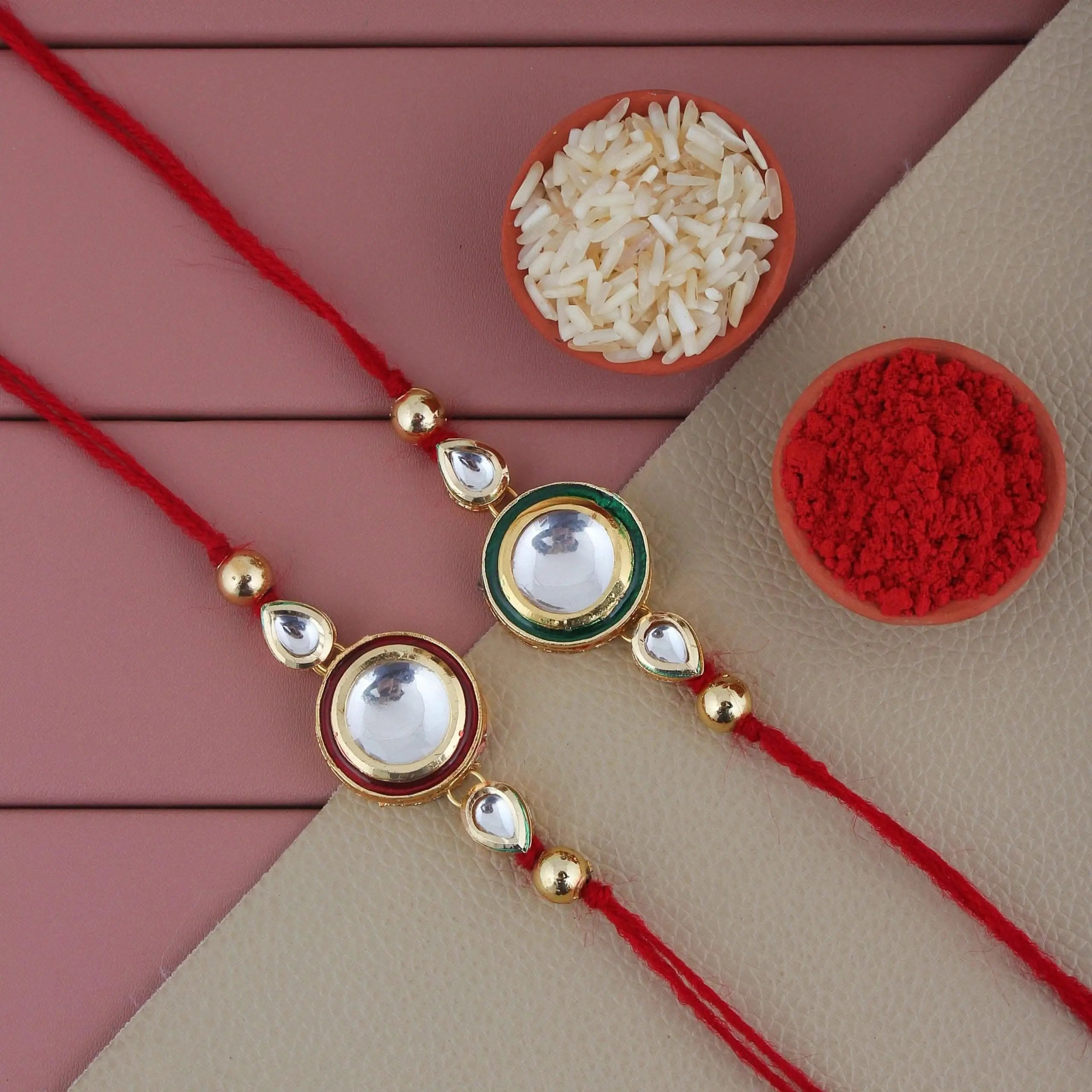 Designer Gold-Plated ferozi color meena thread rakhi (pack of 2) | LUCKY JEWELLERY - halfpeapp
