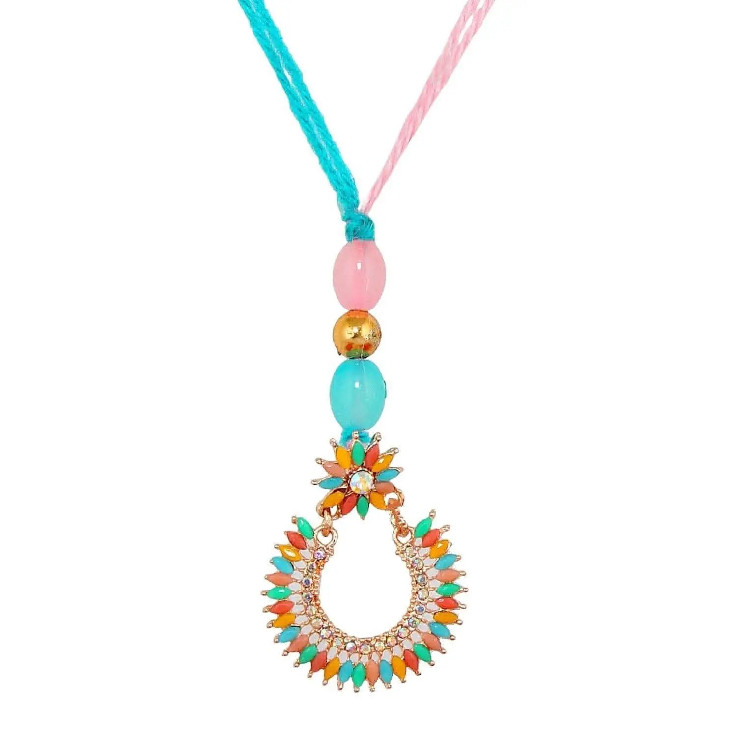 Designer Gold-Plated ferozi color meena thread rakhi (pack of 2) | LUCKY JEWELLERY - halfpeapp