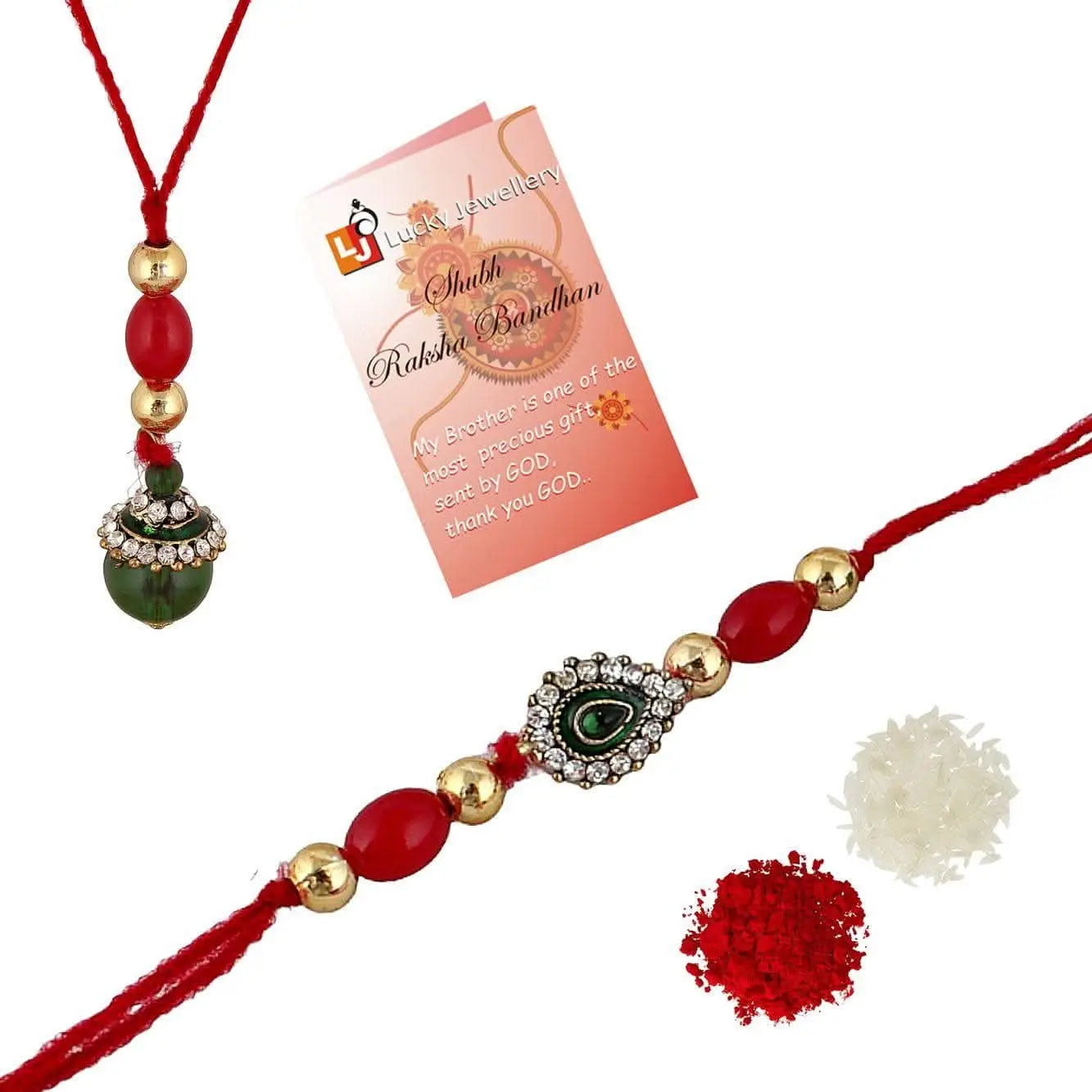 Designer Gold-Plated ferozi color meena thread rakhi (pack of 2) | LUCKY JEWELLERY - halfpeapp