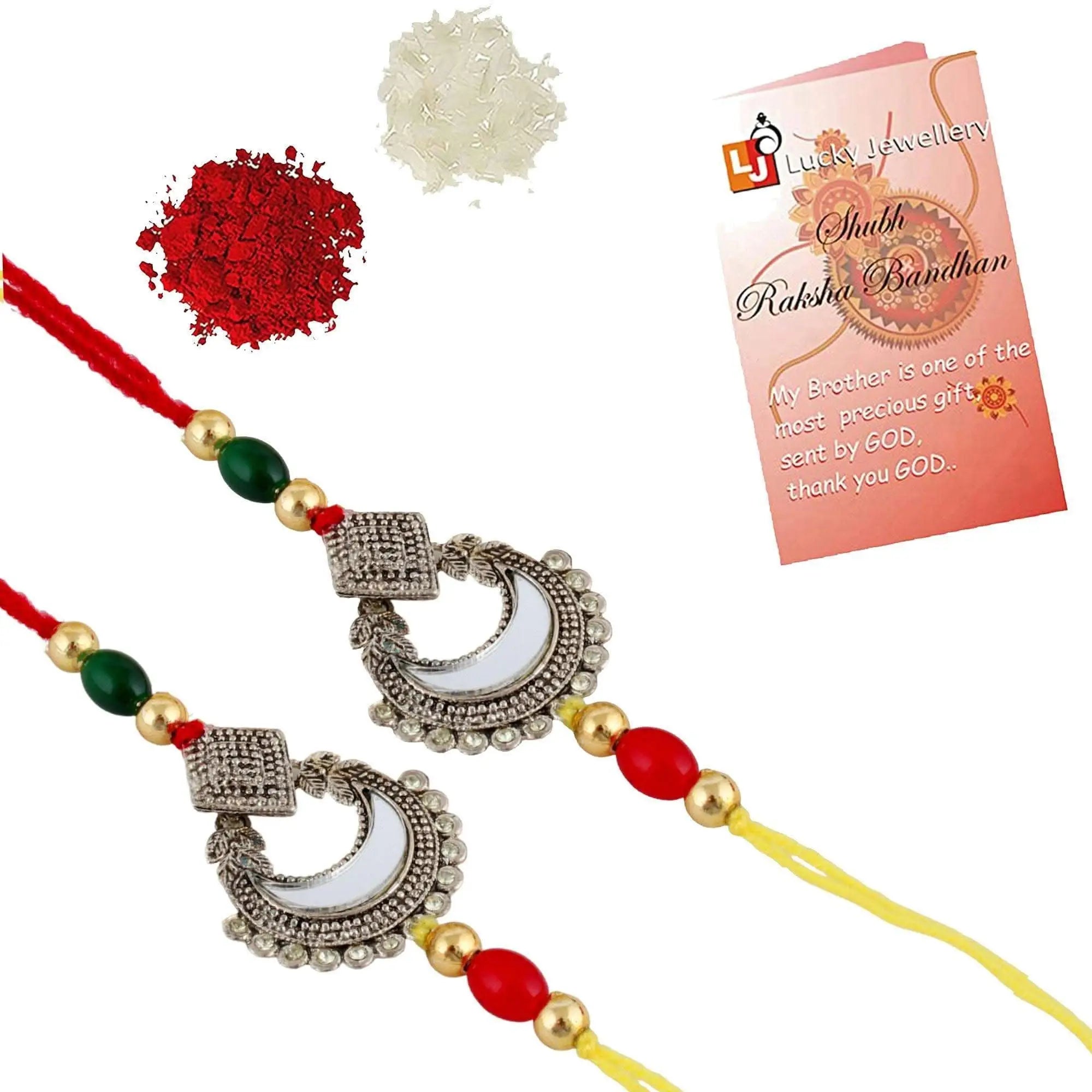 Designer Gold-Plated ferozi color meena thread rakhi (pack of 2) with red and green beads | LUCKY JEWELLERY - halfpeapp