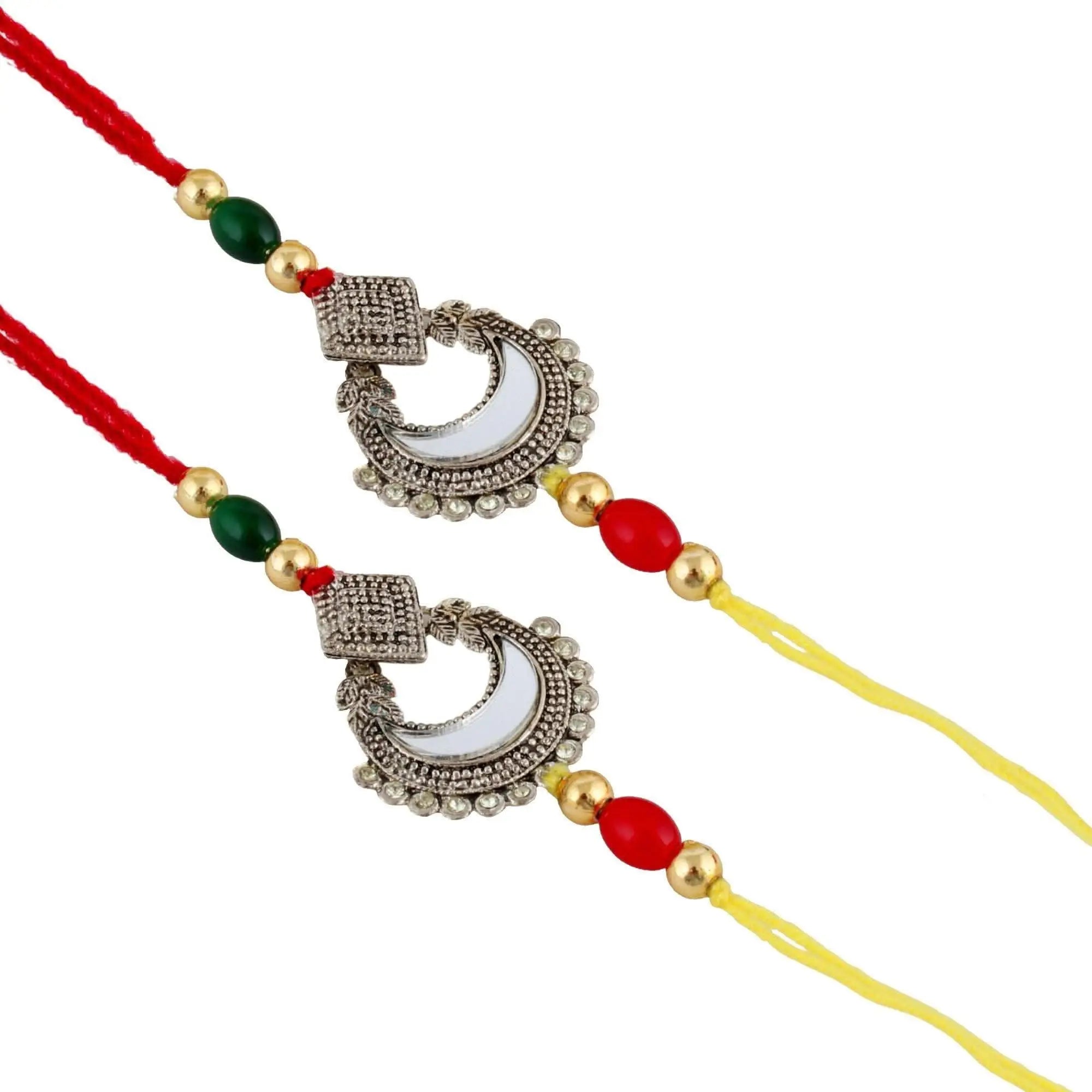 Designer Gold-Plated ferozi color meena thread rakhi (pack of 2) with red and green beads | LUCKY JEWELLERY - halfpeapp