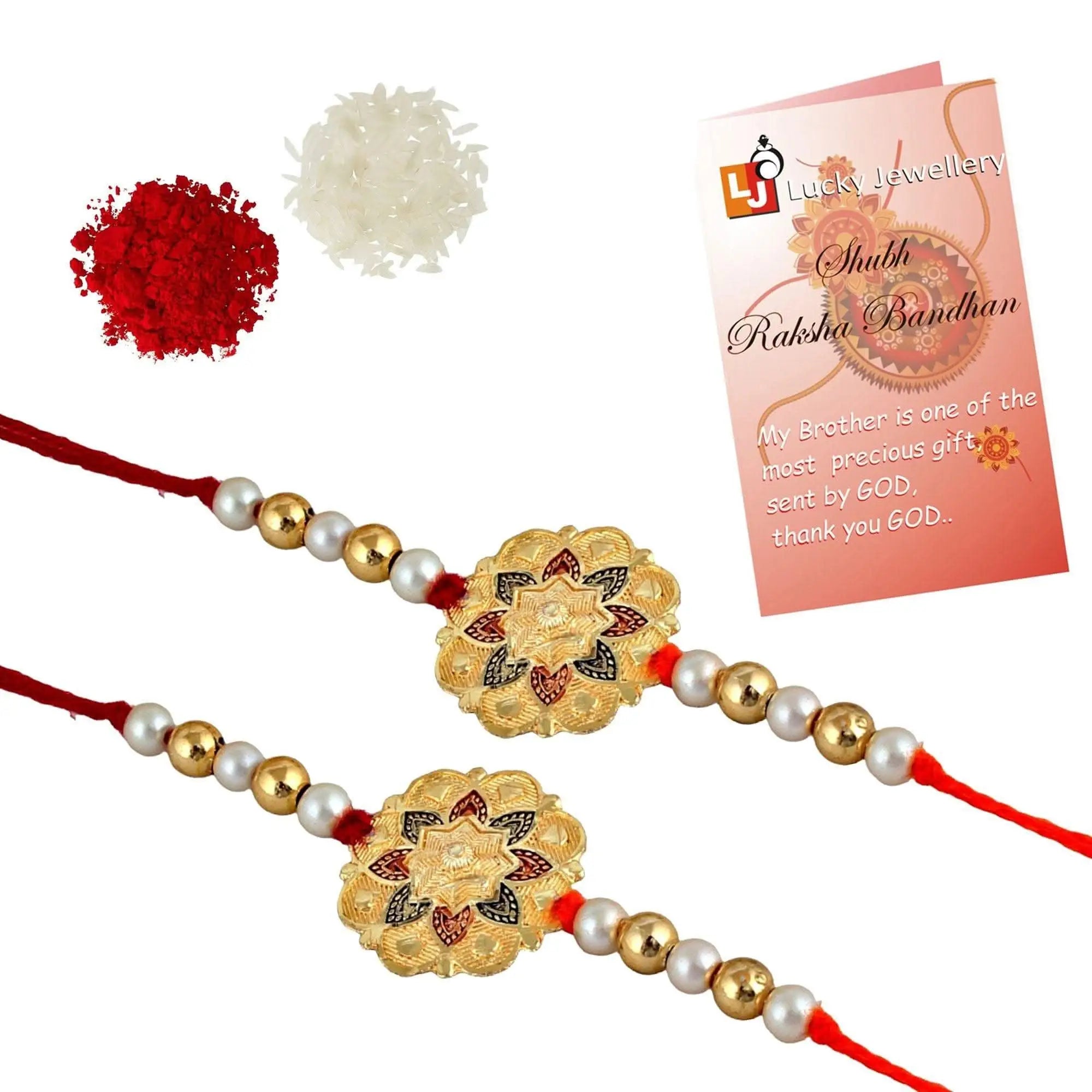 Designer Gold-Plated ferozi color meena thread rakhi (pack of 2) with red and green stones| LUCKY JEWELLERY - halfpeapp