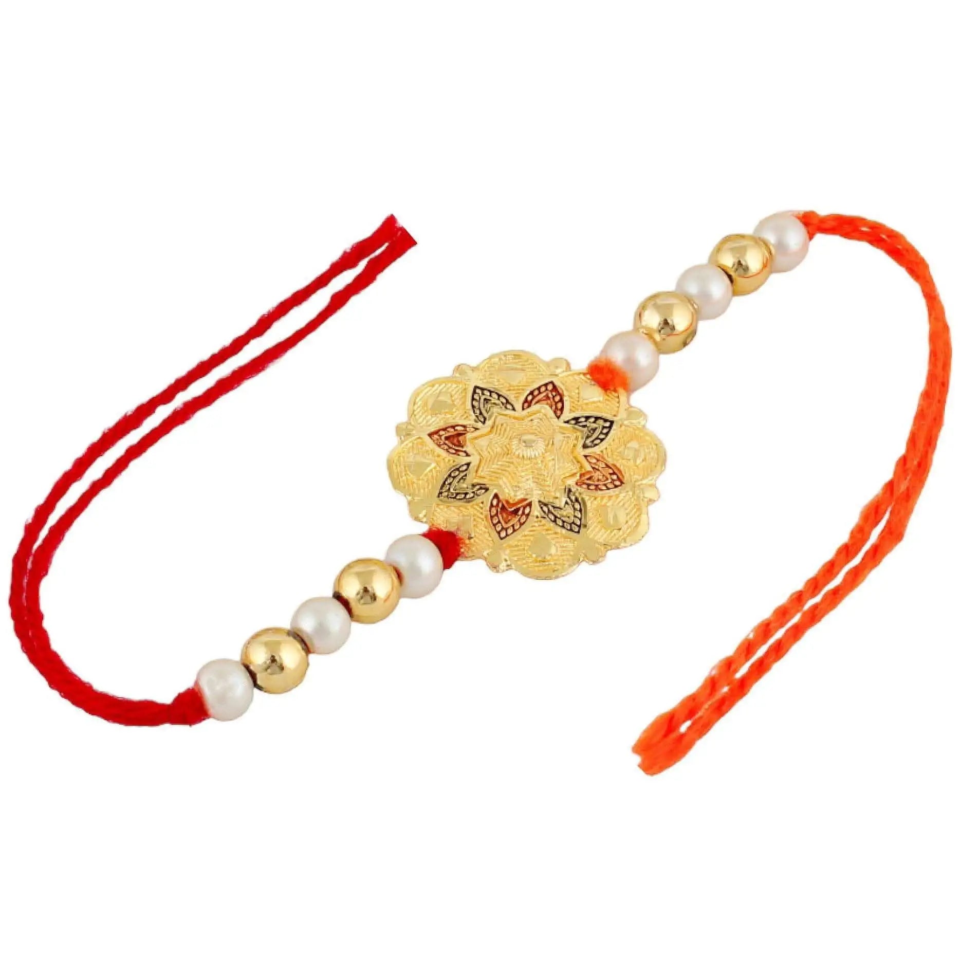 Designer Gold-Plated ferozi color meena thread rakhi (pack of 2) with red and green stones| LUCKY JEWELLERY - halfpeapp