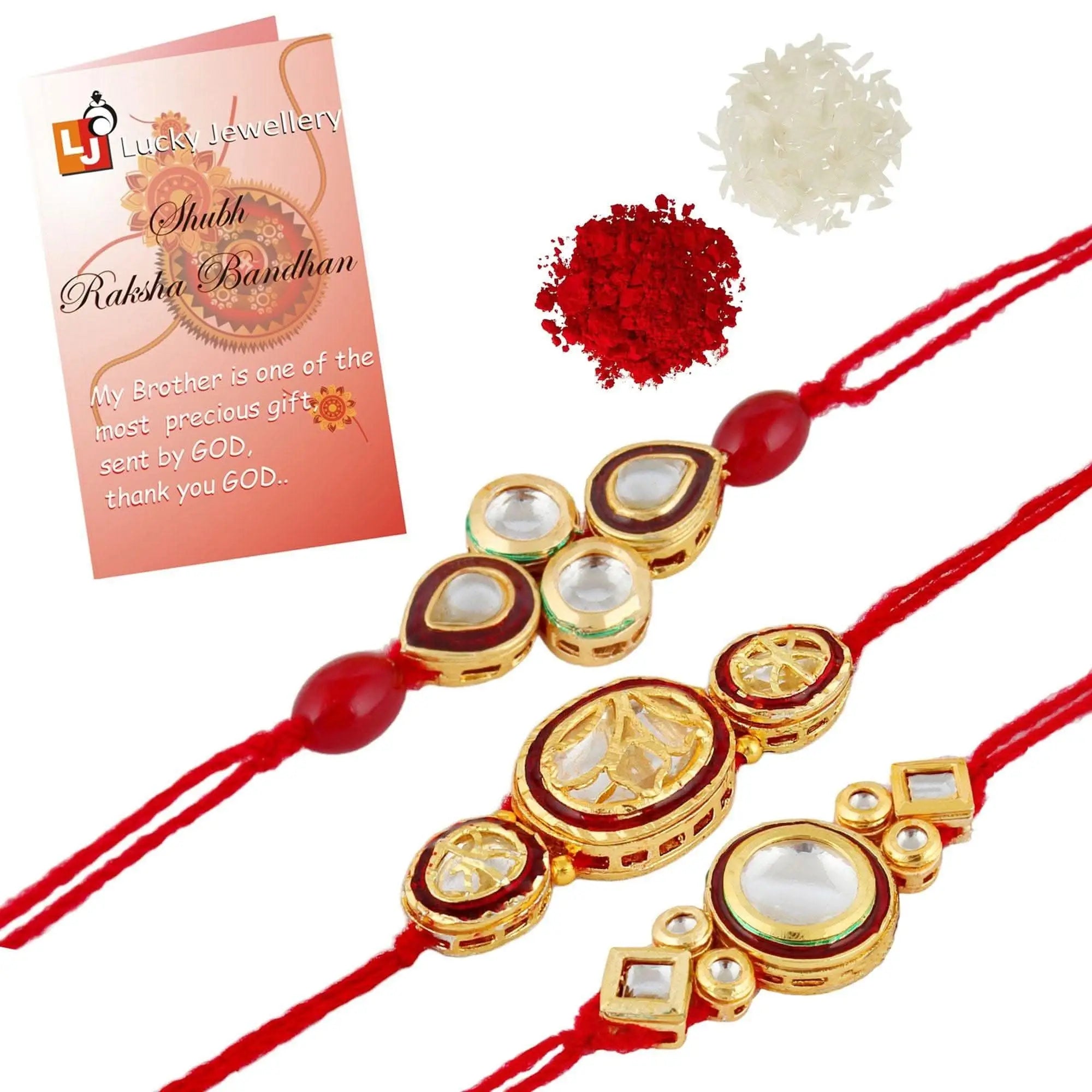 Designer Gold-Plated ferozi color meena thread rakhi (pack of 3) | LUCKY JEWELLERY - halfpeapp