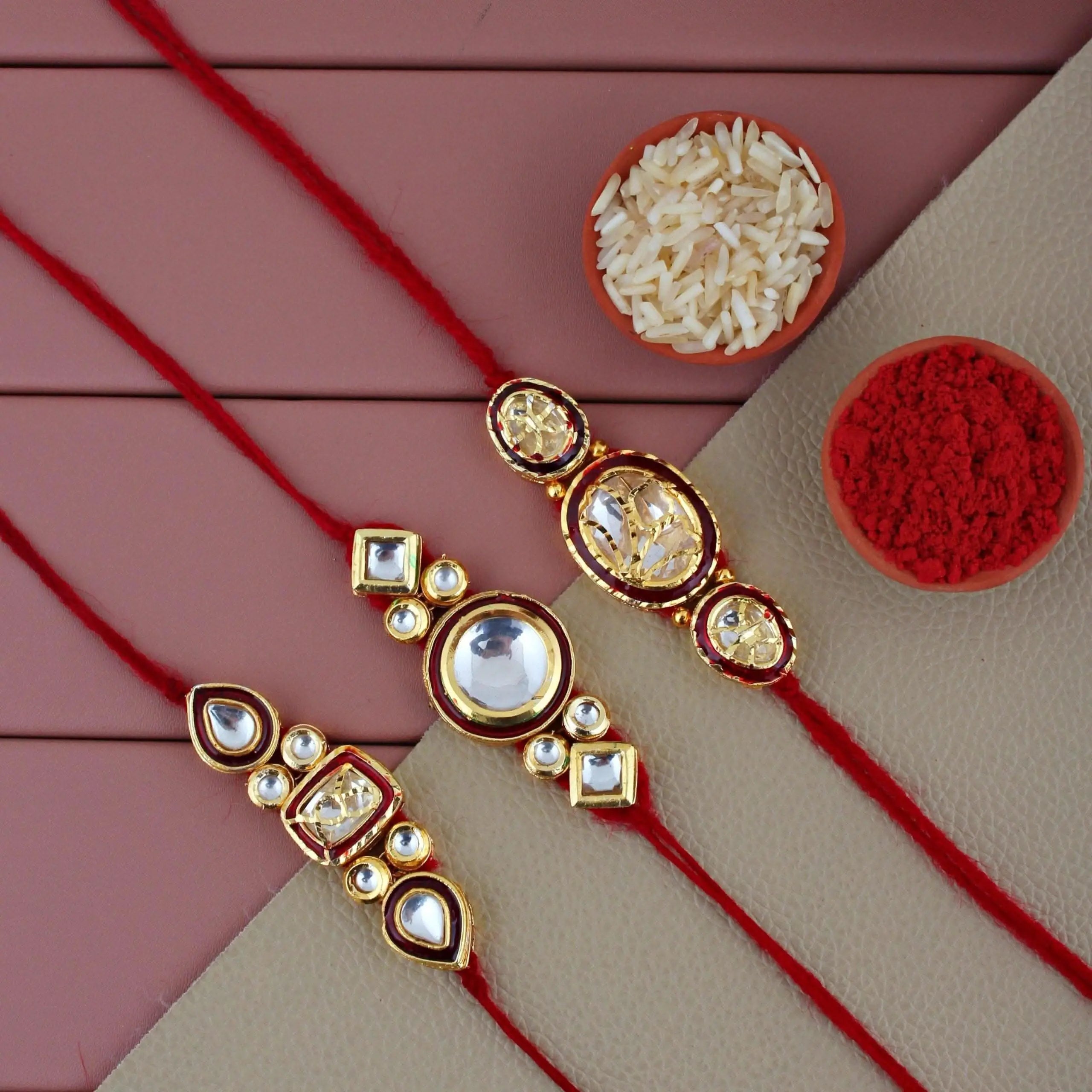 Designer Gold-Plated ferozi color meena thread rakhi (pack of 3) | LUCKY JEWELLERY - halfpeapp