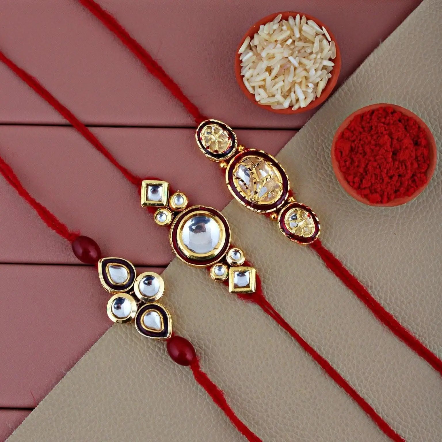 Designer Gold-Plated ferozi color meena thread rakhi (pack of 3) | LUCKY JEWELLERY - halfpeapp
