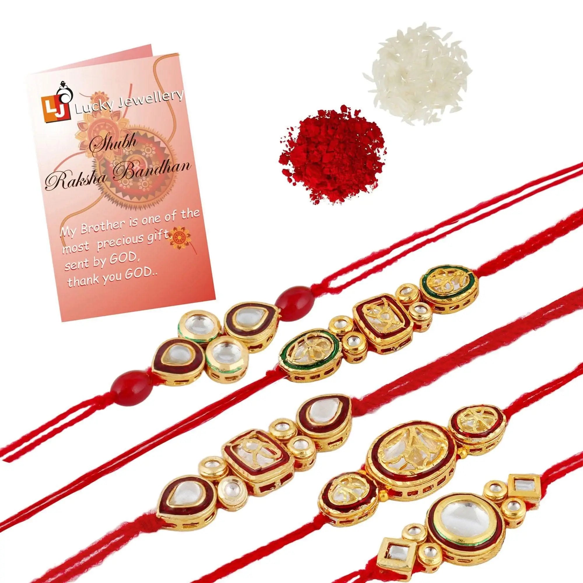 Designer Gold-Plated ferozi color meena thread rakhi (pack of 5) | LUCKY JEWELLERY - halfpeapp