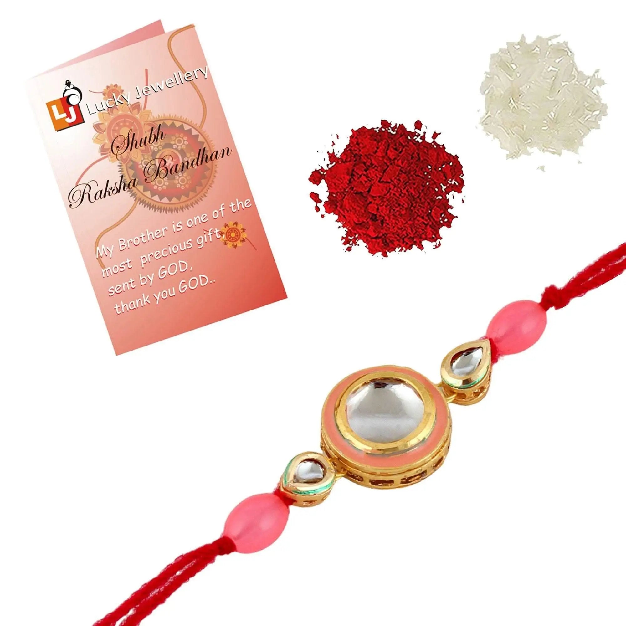 Designer Gold-Plated ferozi color meena thread rakhi silver stones and pink beads | LUCKY JEWELLERY - halfpeapp