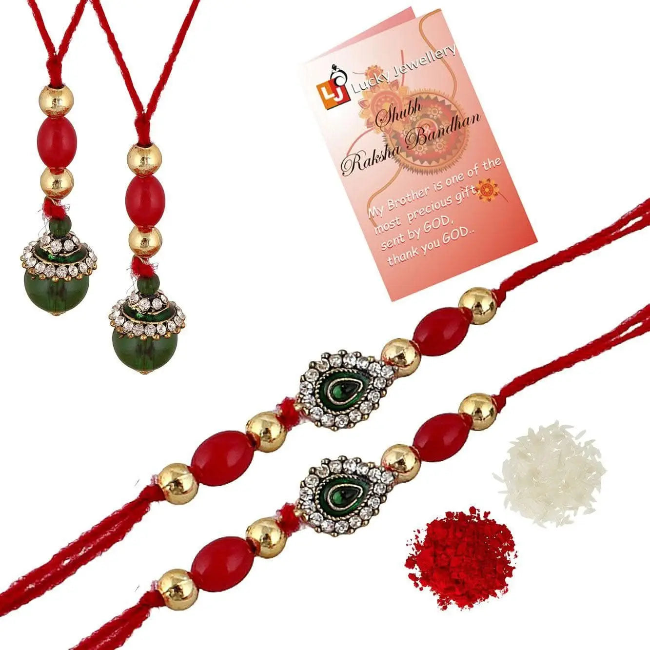 Designer Gold-Plated ferozi color meena thread rakhi with black stone hangings (pack of 4) | LUCKY JEWELLERY - halfpeapp