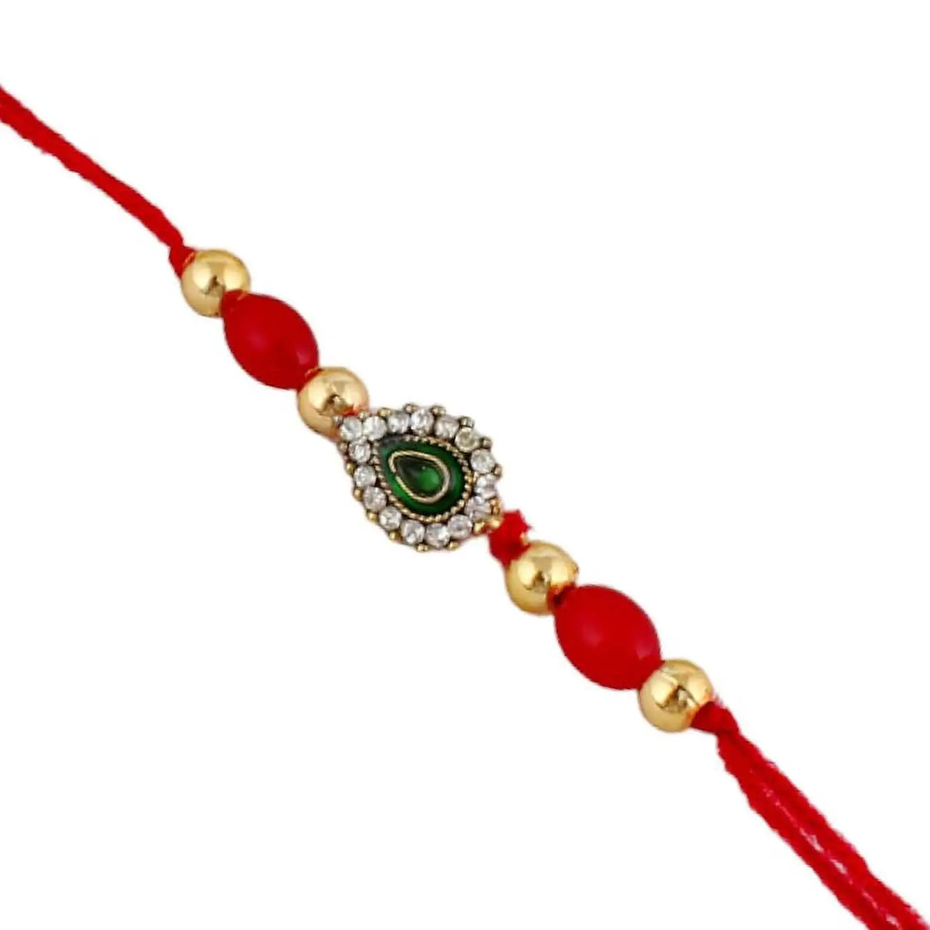 Designer Gold-Plated ferozi color meena thread rakhi with black stone hangings (pack of 4) | LUCKY JEWELLERY - halfpeapp