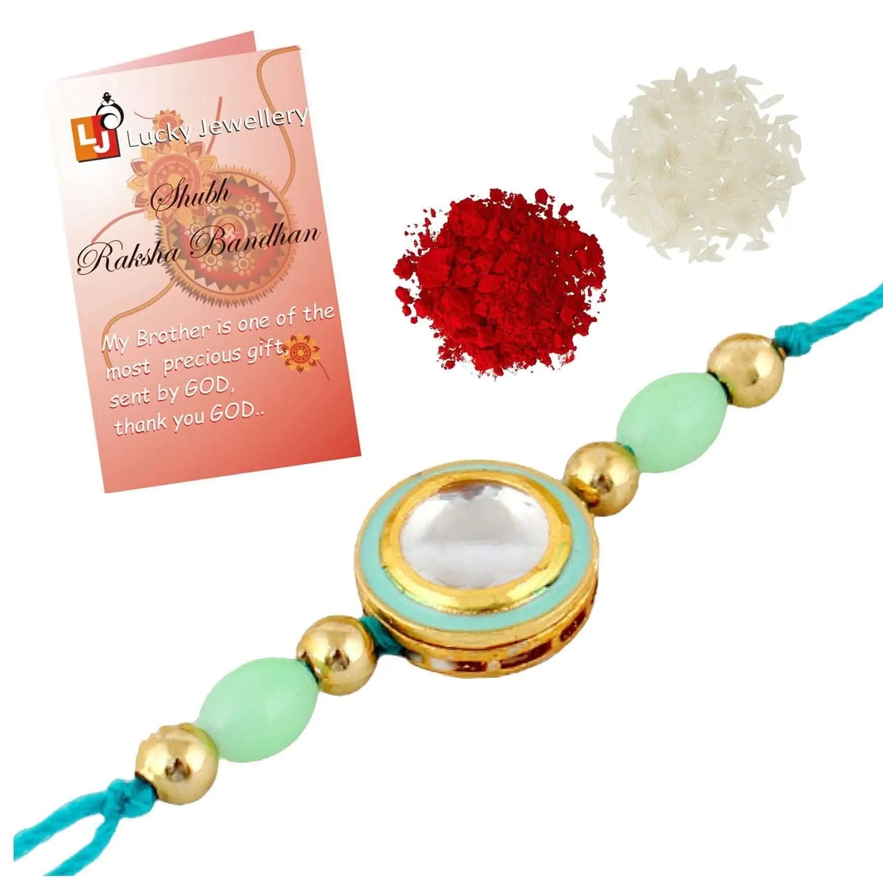 Designer Gold-Plated ferozi color meena thread rakhi with blue thread | LUCKY JEWELLERY - halfpeapp