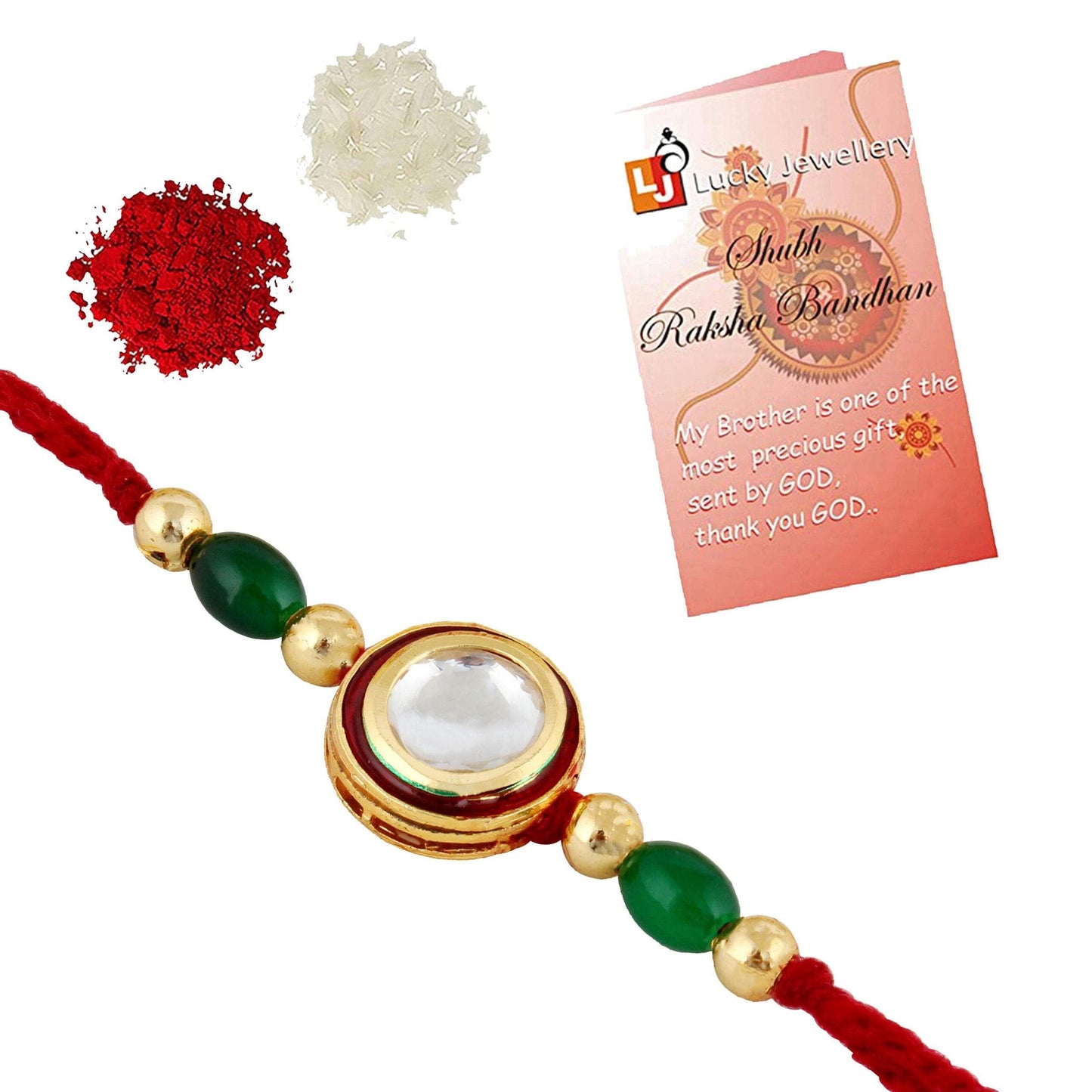 Designer Gold-Plated ferozi color meena thread rakhi with dark green beads| LUCKY JEWELLERY - halfpeapp