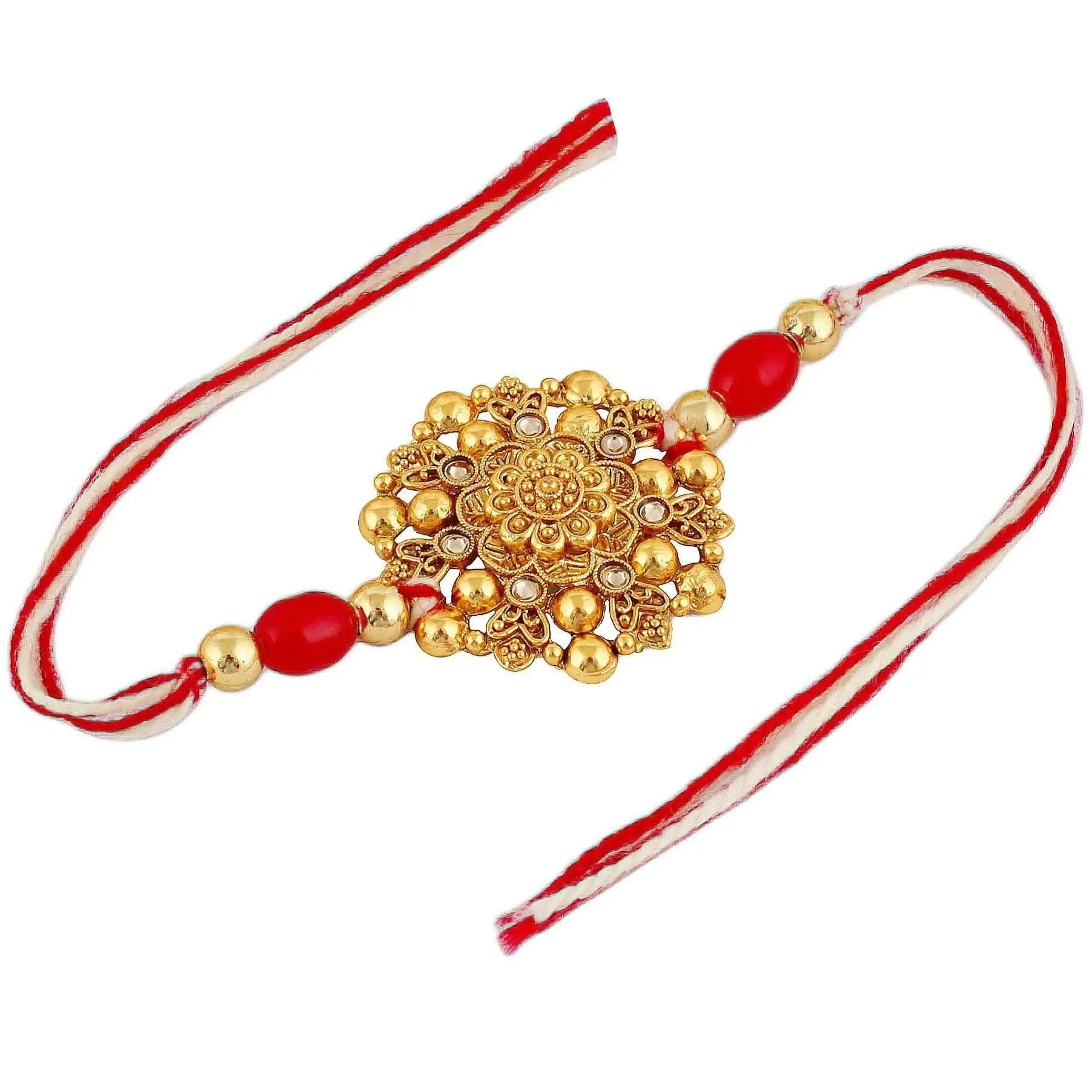 Designer Gold-Plated ferozi color meena thread rakhi with gold paled beads| LUCKY JEWELLERY - halfpeapp