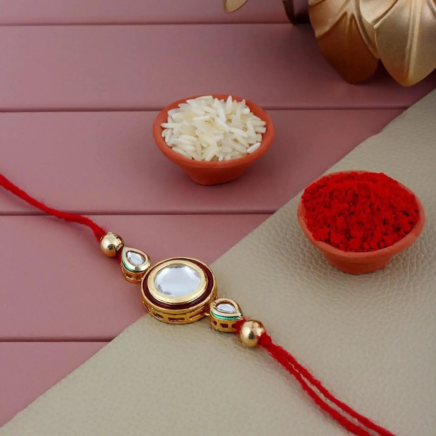 Designer Gold-Plated ferozi color meena thread rakhi with gold plated beads| LUCKY JEWELLERY - halfpeapp