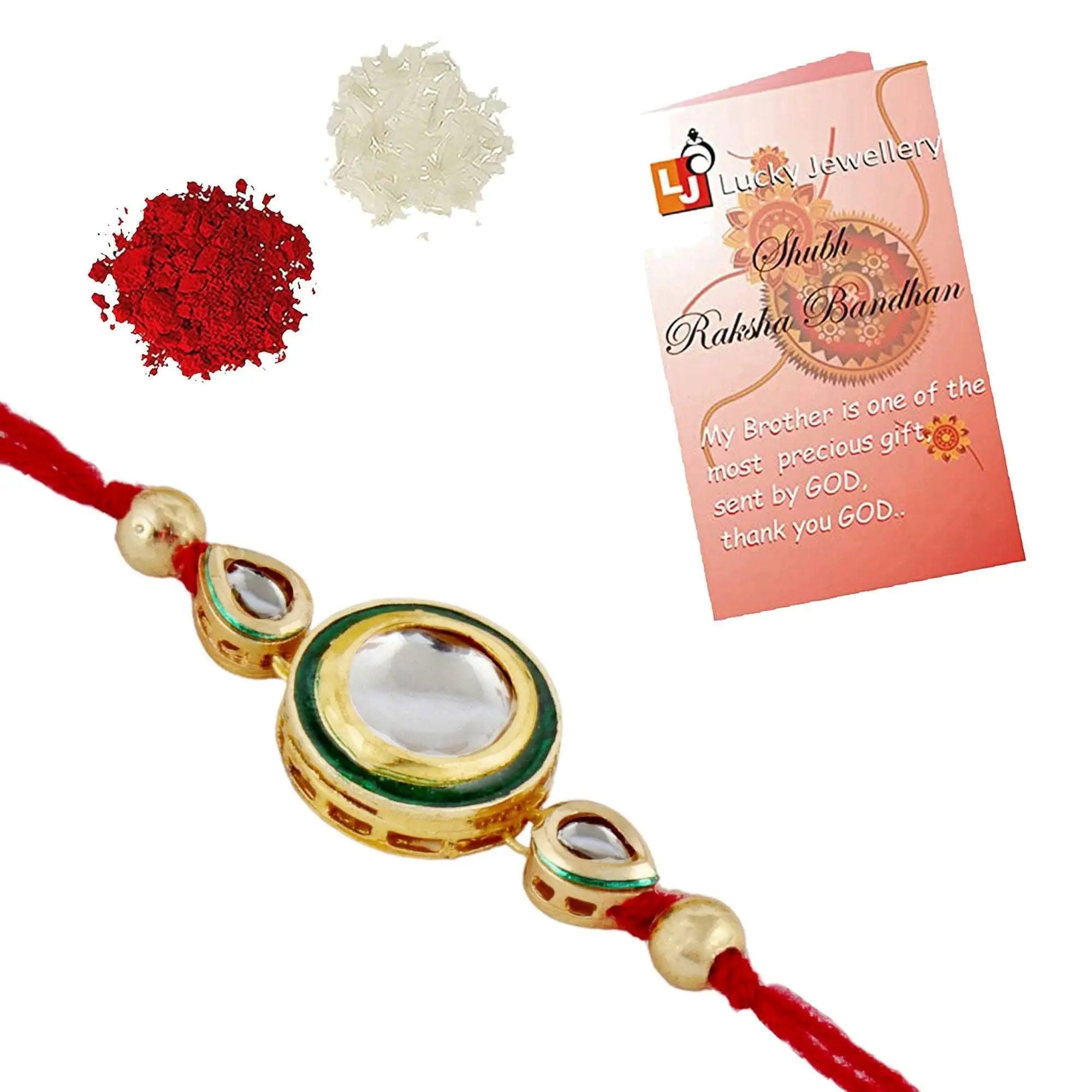 Designer Gold-Plated ferozi color meena thread rakhi with green outer ring | LUCKY JEWELLERY - halfpeapp