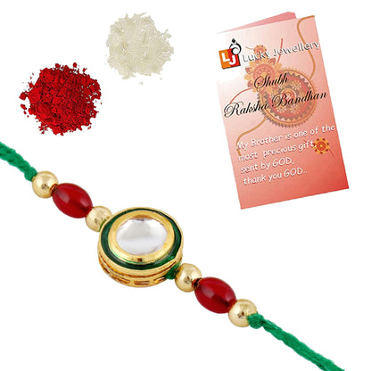 Designer Gold-Plated ferozi color meena thread rakhi with green thread and red beads | LUCKY JEWELLERY - halfpeapp