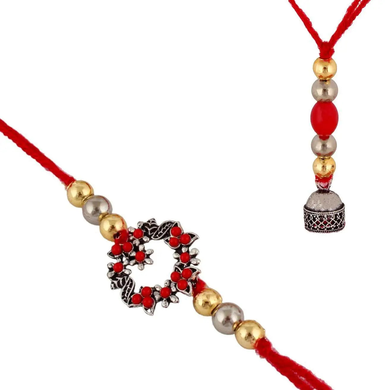 Designer Gold-Plated ferozi color meena thread rakhi with hanging stone (pack of 2) | LUCKY JEWELLERY - halfpeapp