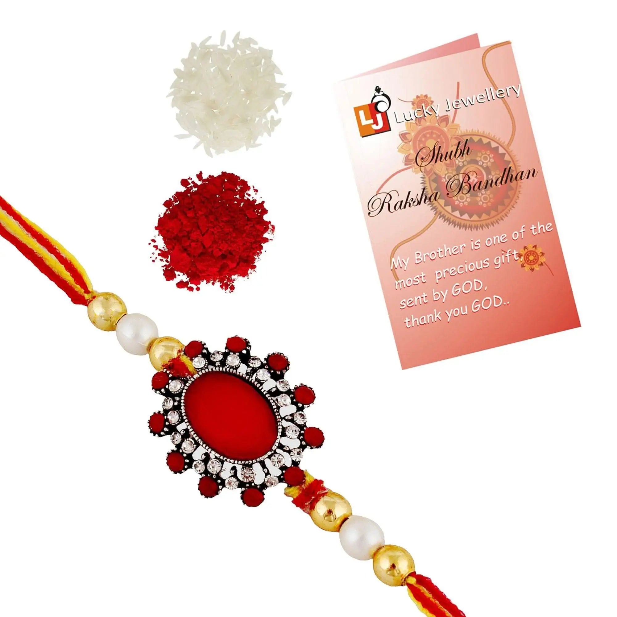 Designer Gold-Plated ferozi color meena thread rakhi with large red stone | LUCKY JEWELLERY - halfpeapp