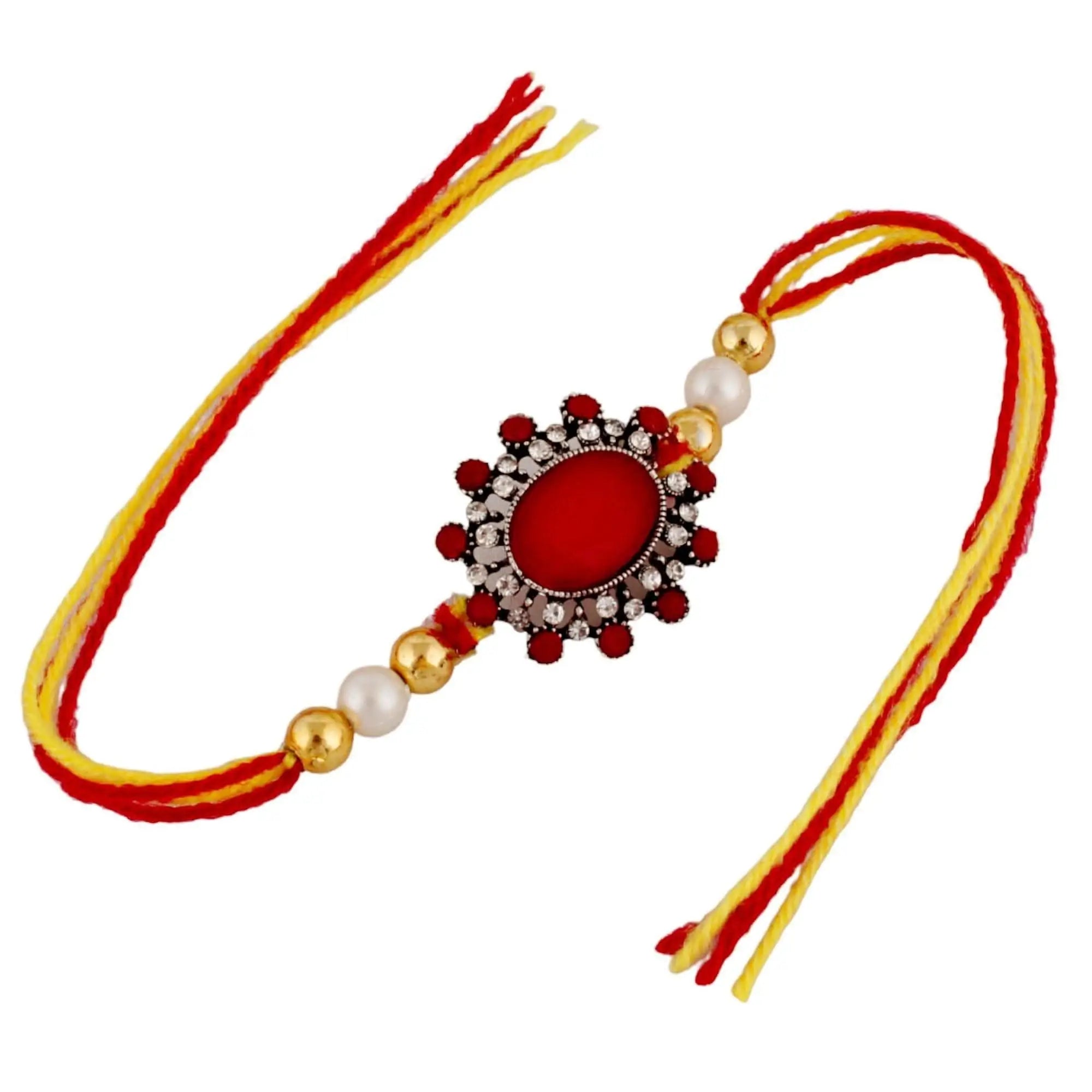 Designer Gold-Plated ferozi color meena thread rakhi with large red stone | LUCKY JEWELLERY - halfpeapp