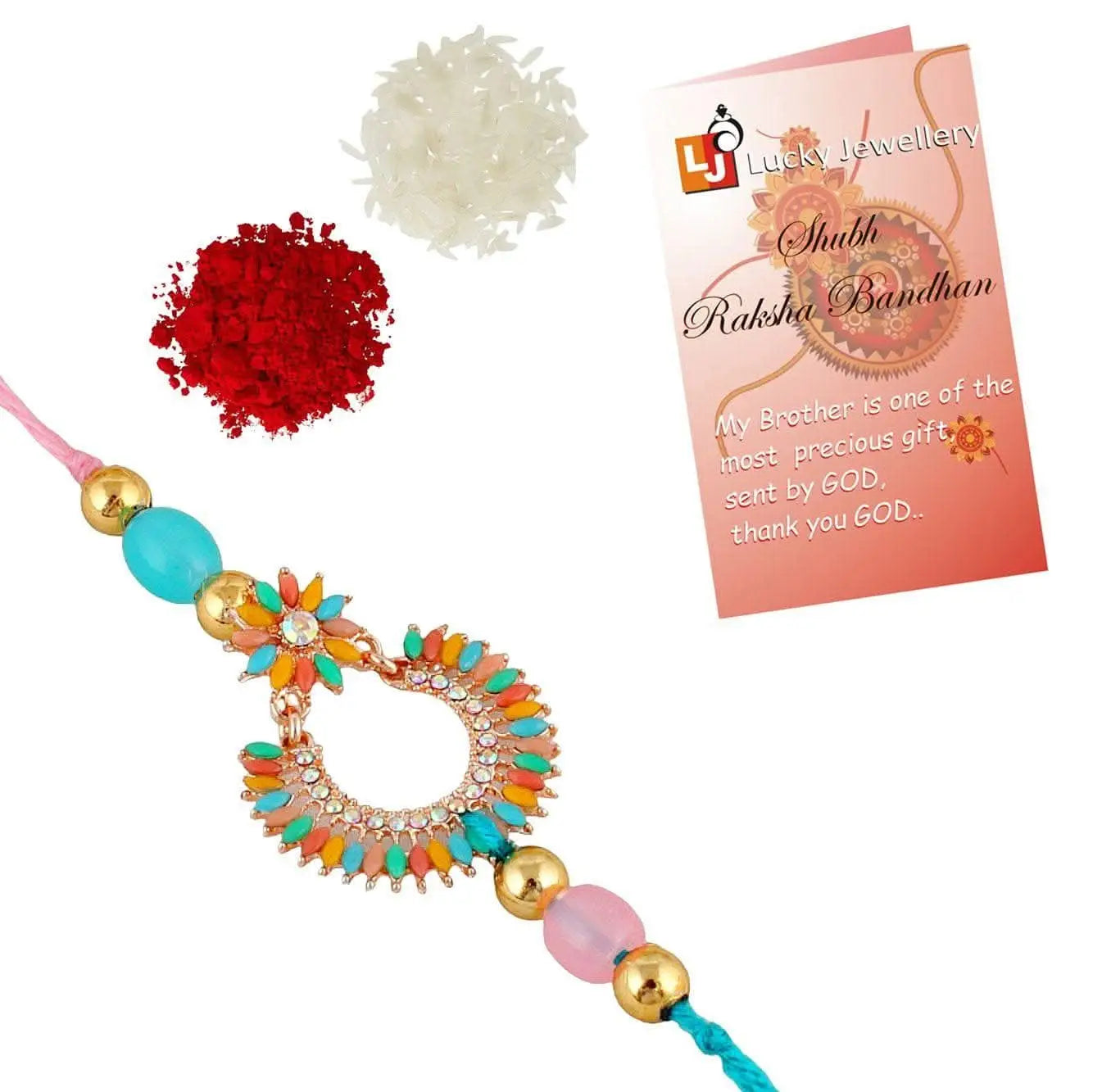 Designer Gold-Plated ferozi color meena thread rakhi with multi-colored leaves and rama green beads | LUCKY JEWELLERY - halfpeapp