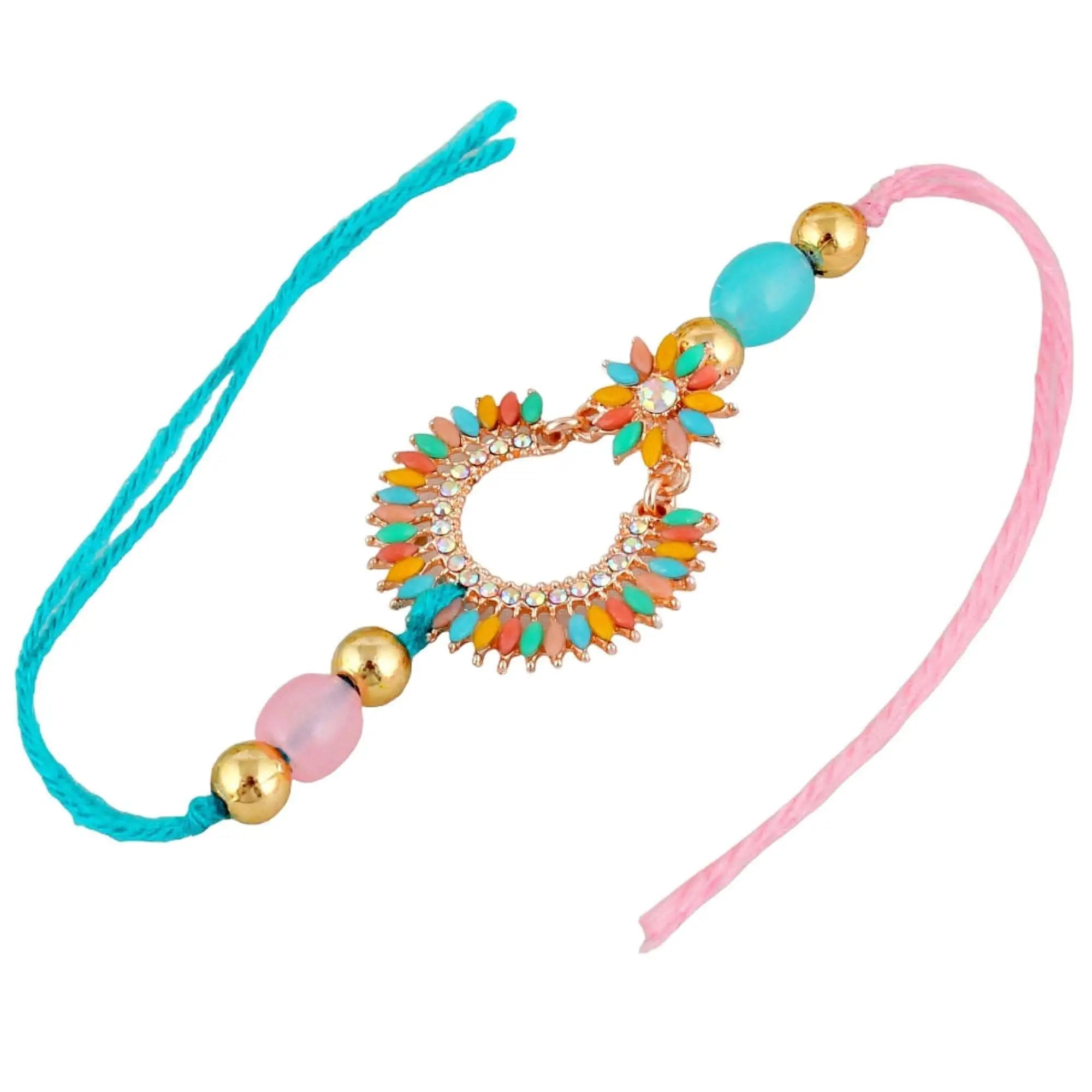 Designer Gold-Plated ferozi color meena thread rakhi with multi-colored leaves and rama green beads | LUCKY JEWELLERY - halfpeapp