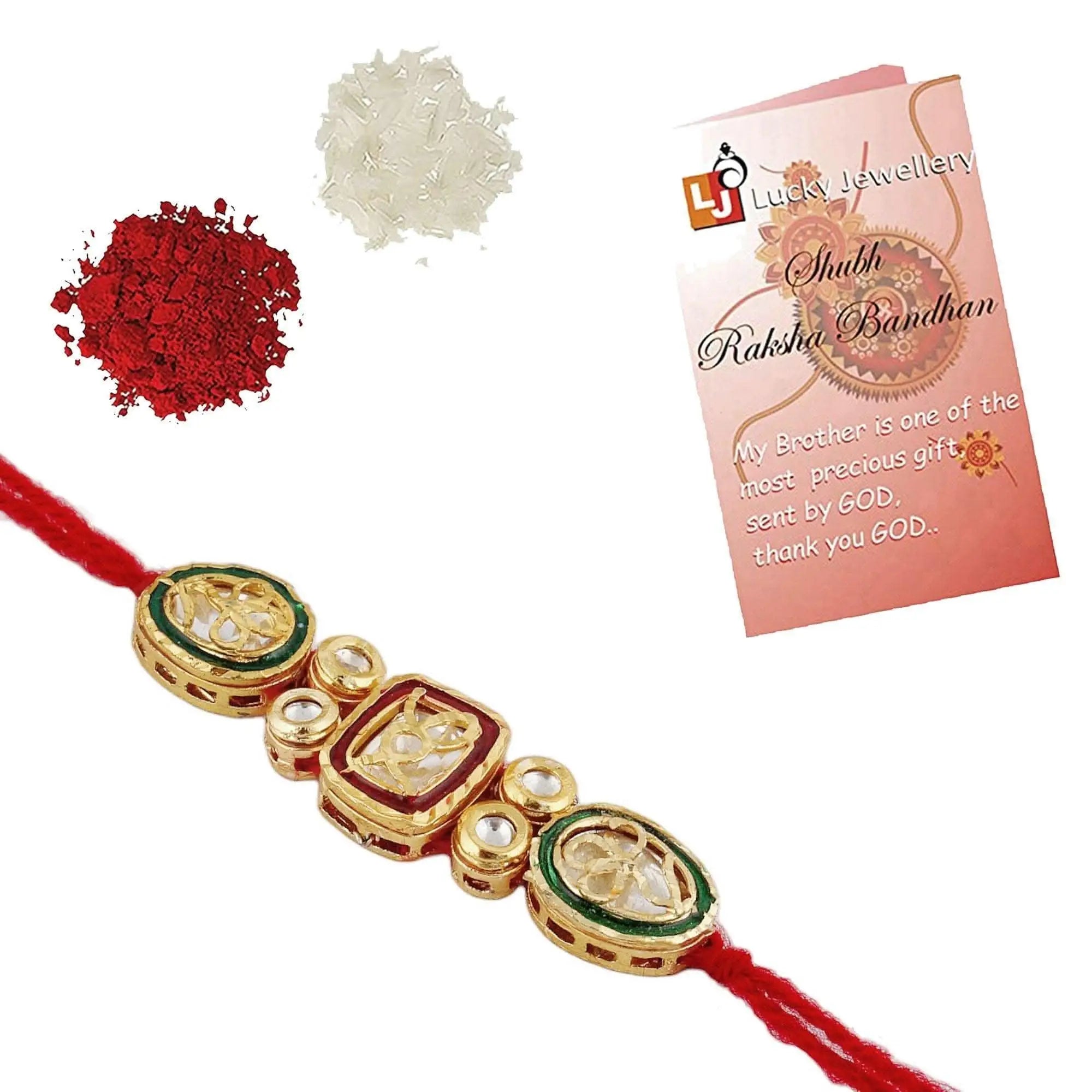 Designer Gold-Plated ferozi color meena thread rakhi with oval and square shaped dollars | LUCKY JEWELLERY - halfpeapp