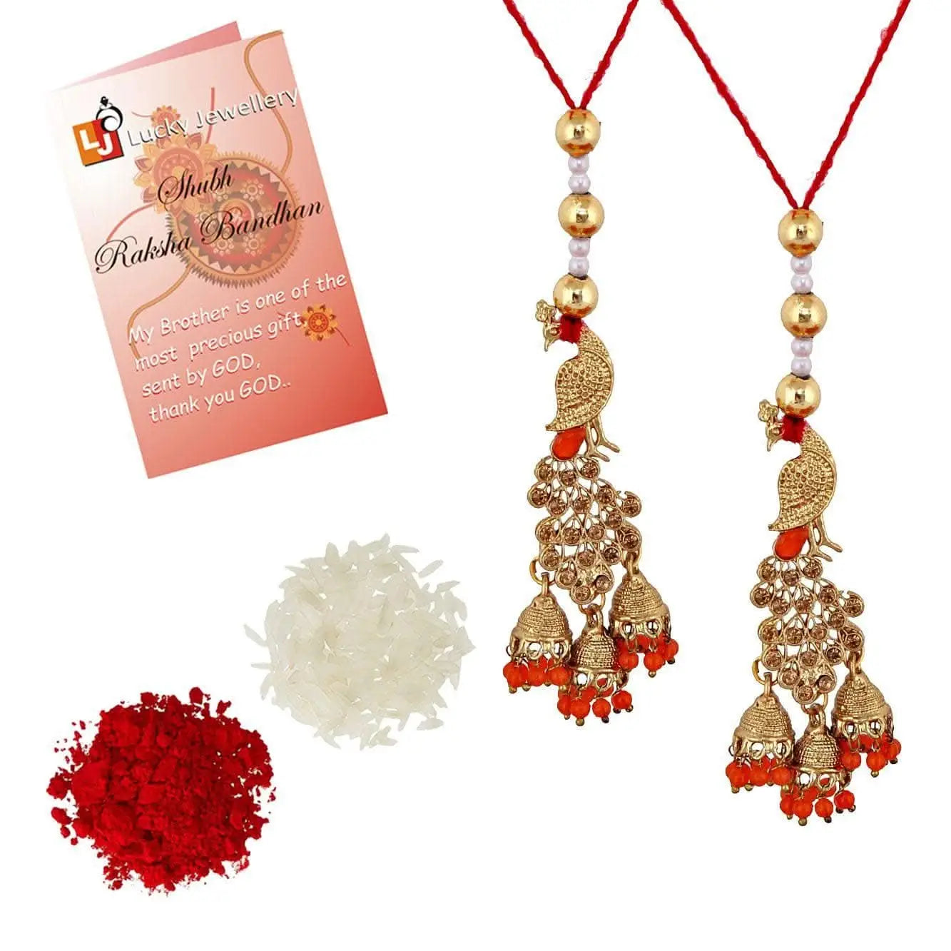 Designer Gold-Plated ferozi color meena thread rakhi with peacock hangings (pack of 2) | LUCKY JEWELLERY - halfpeapp
