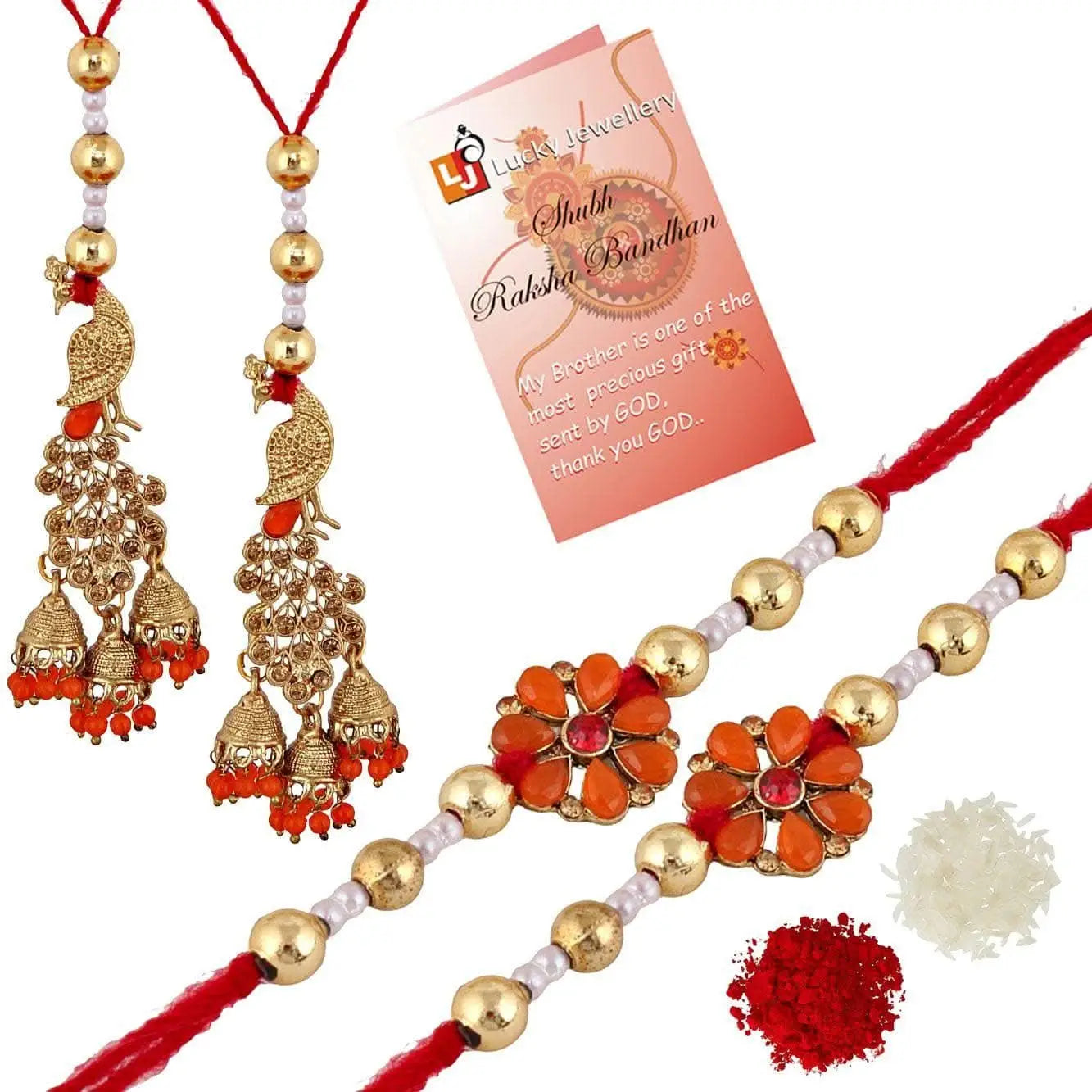 Designer Gold-Plated ferozi color meena thread rakhi with peacock hangings (pack of 4) | LUCKY JEWELLERY - halfpeapp