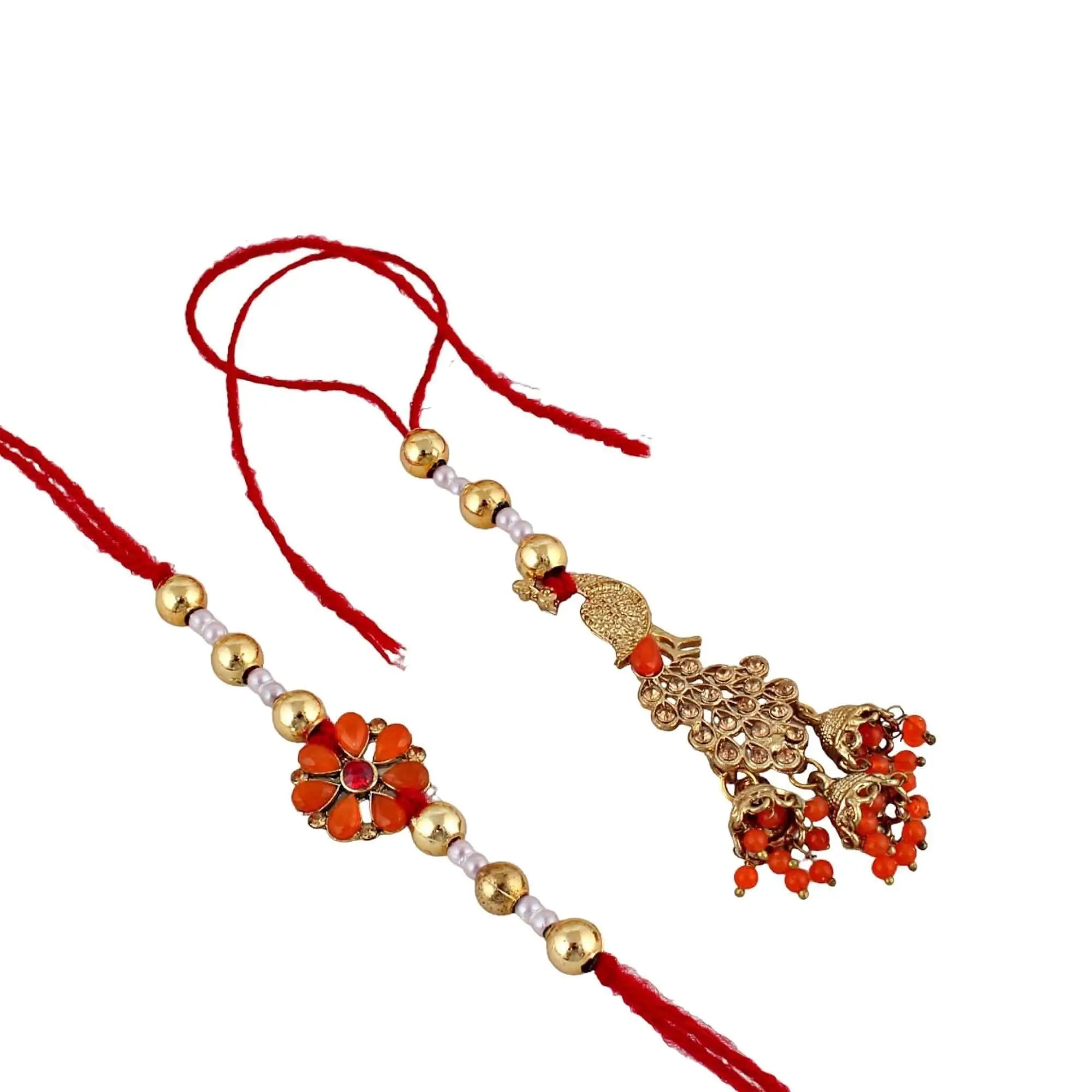 Designer Gold-Plated ferozi color meena thread rakhi with peacock hangings (pack of 4) | LUCKY JEWELLERY - halfpeapp
