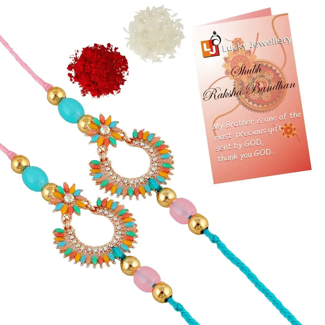 Designer Gold-Plated ferozi color meena thread rakhi with pink and ram green threads (pack of 2) | LUCKY JEWELLERY - halfpeapp